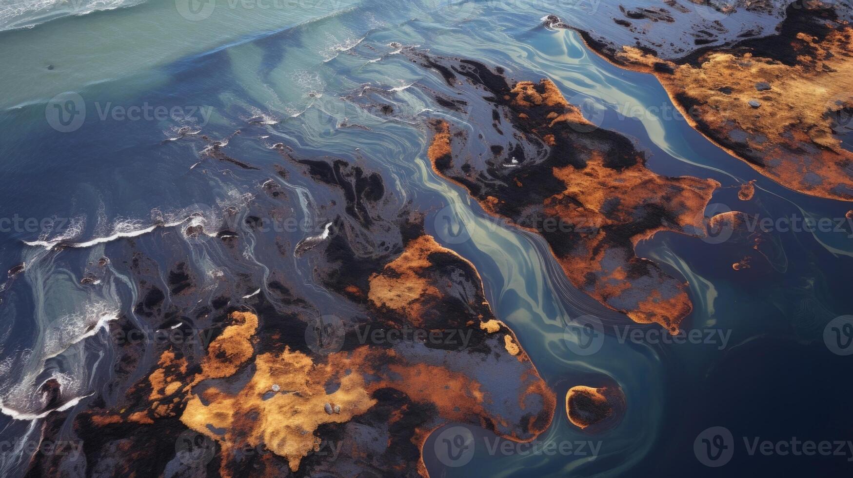 A birds eye view of a catastrophic oil spill, stretching as far as the eye can see from above. photo