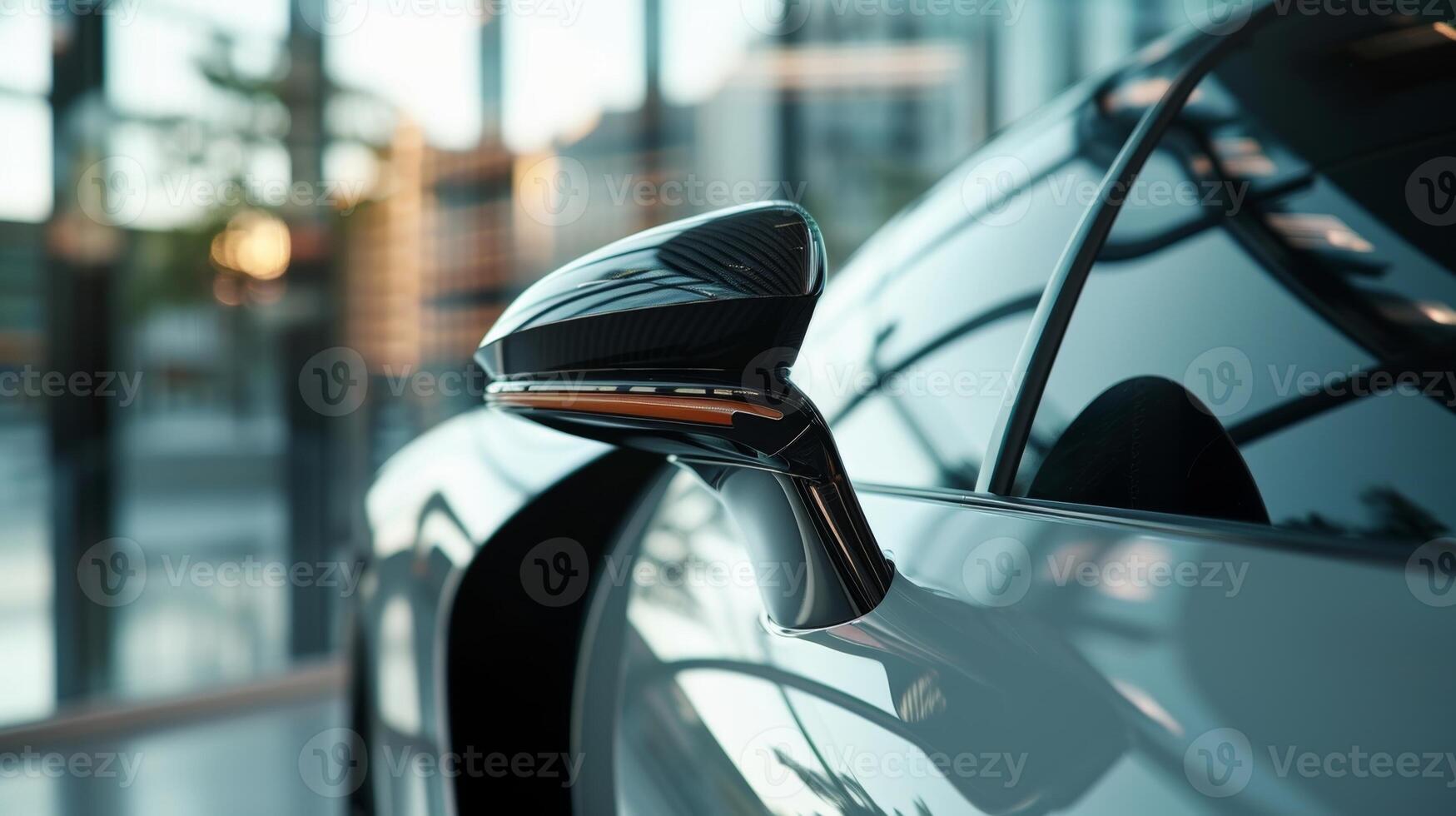 A slow motion shot of a cars side mirrors specifically designed to reduce resistance and improve overall aerodynamic flow photo