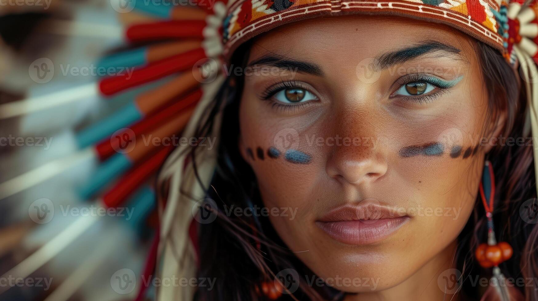 Portrait of a woman with a Native American headdress her face a powerful symbol of reclaiming her cultural identity and heritage photo