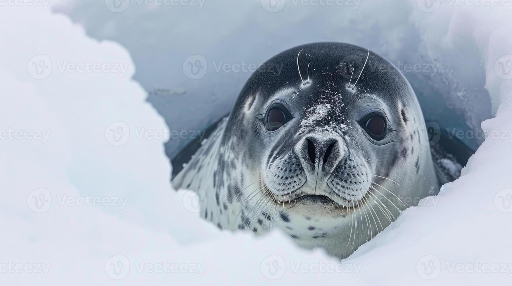 Closeup of a Weddell seals large dark eyes peeking curiously above the edge of an ice hole its nose and whiskers covered in snow photo