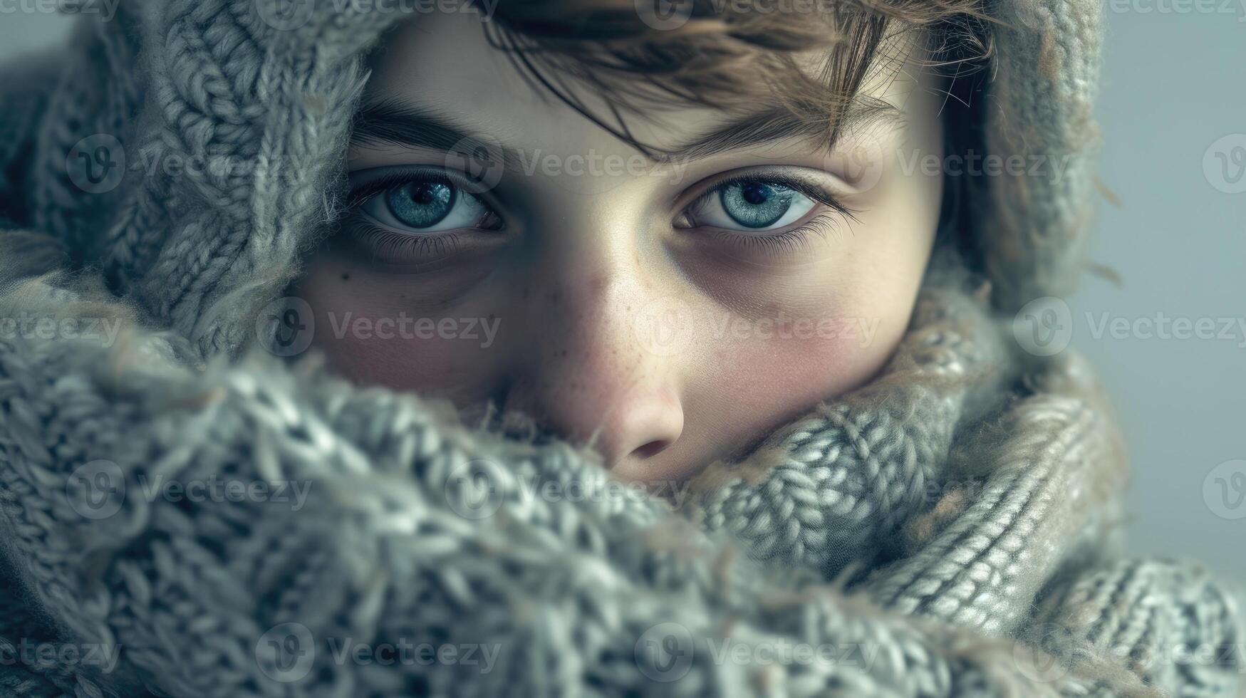 An adolescent boy with a sad expression trying to hide the physical injuries caused by bullying with oversized clothing photo