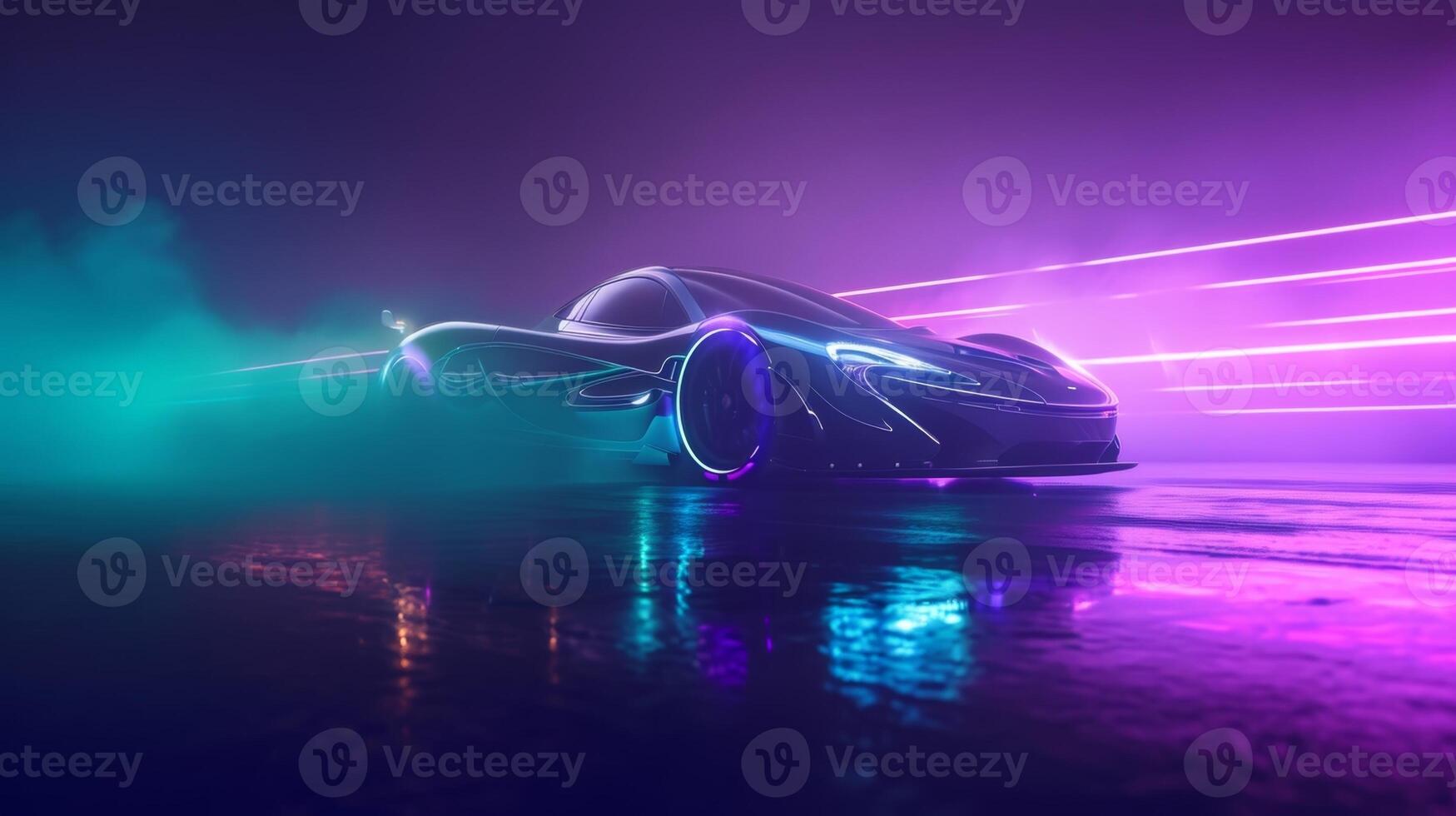 As the car continues on its journey a hazy purple fog surrounds it contrasting with the sharp blue and green lights that dance across its body photo