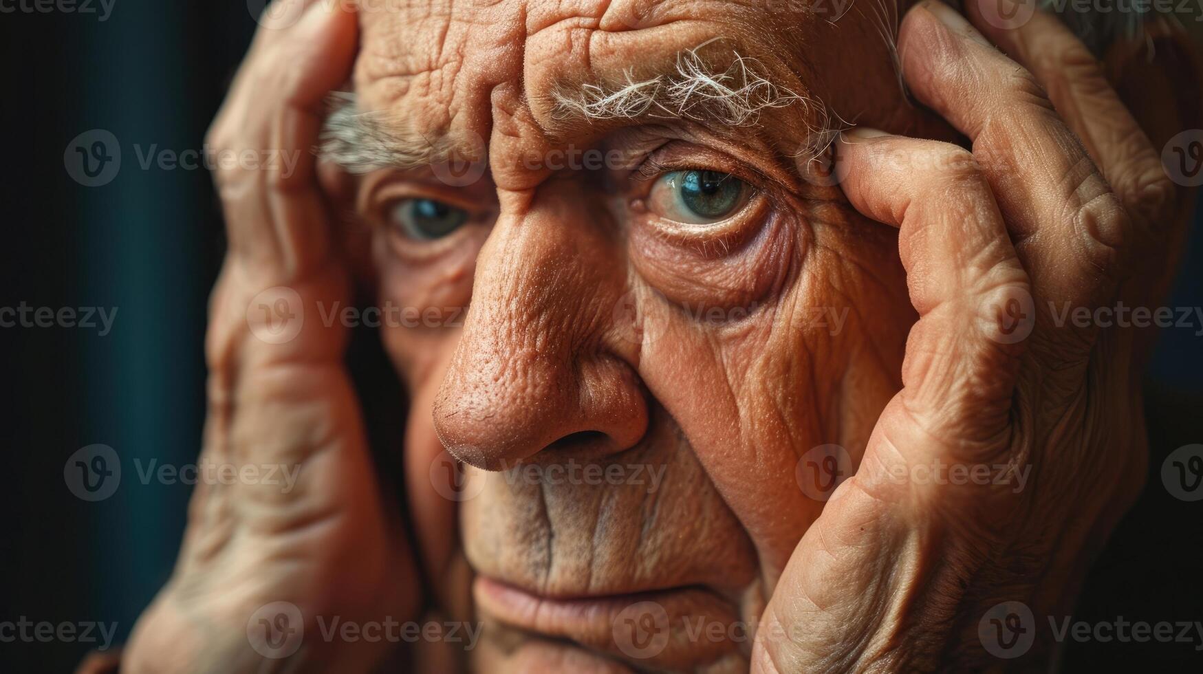 An older gentleman with a furrowed brow his hand pressed to his temple as he tries to recall a name photo