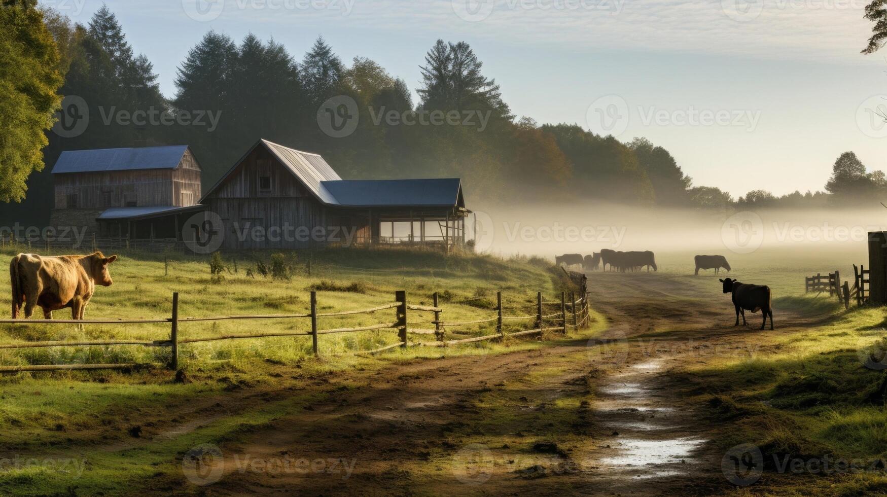 The peaceful morning mist lingers over the farm, casting a dreamy atmosphere on the surrounding farm animals. photo