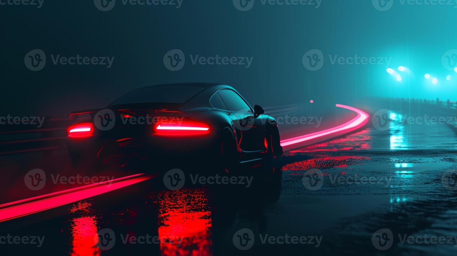 As a car takes a sharp turn its tail lights leave behind a fluorescent trail adding a touch of drama to the otherwise quiet night scene photo