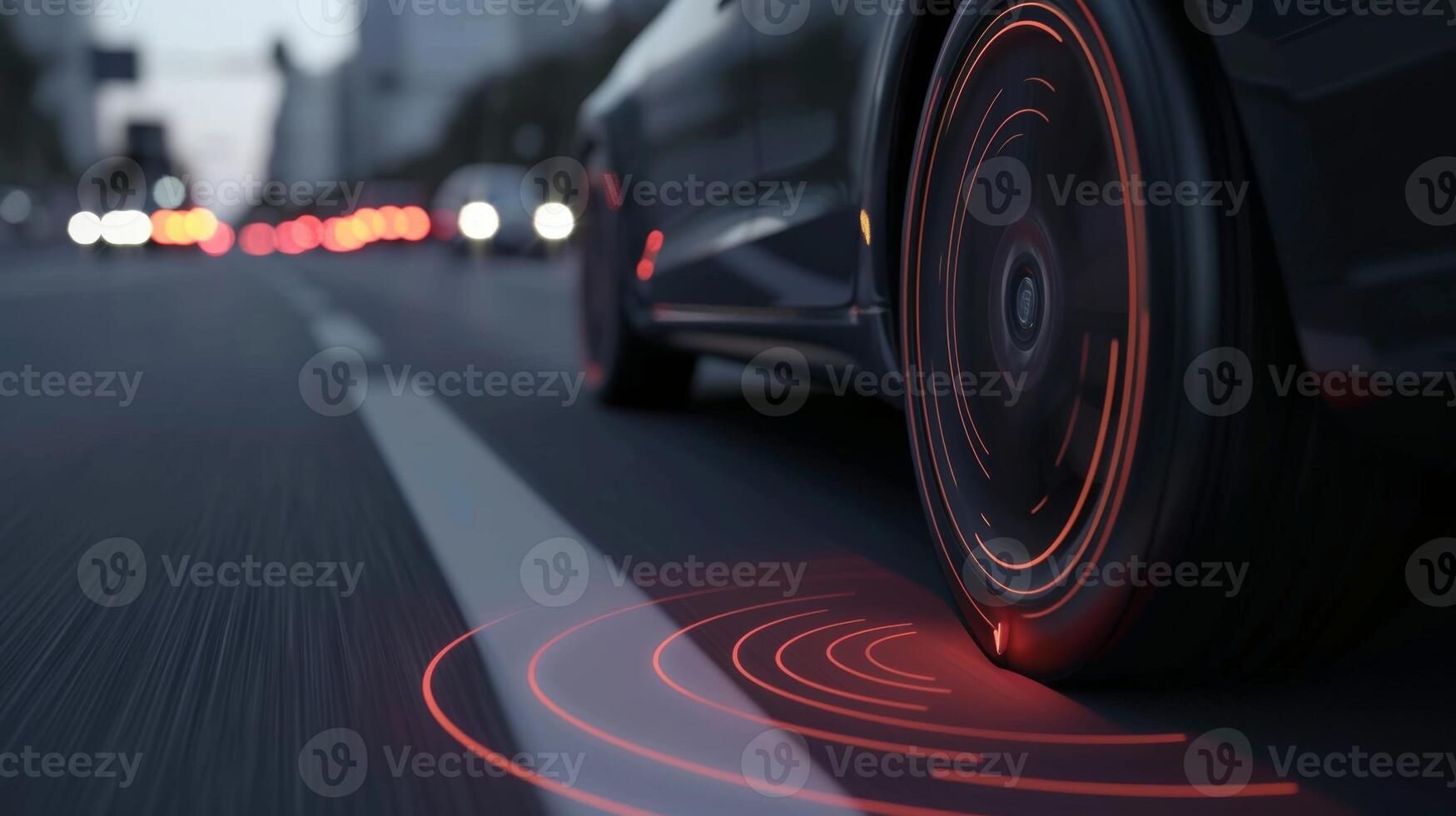 The camera zooms in on a sensor mounted on the side of a car demonstrating the Automatic Emergency Braking system that can automatically apply the brakes to avoid a collision photo