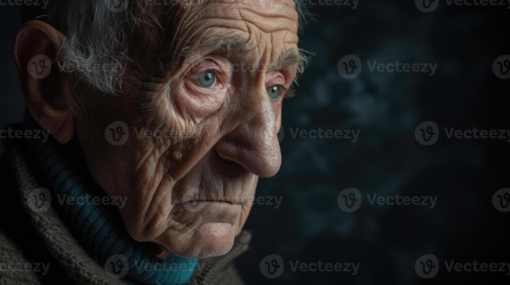 An elderly man with a creased forehead and a wistful gaze lost in thought as he reflects on his lifes journey photo