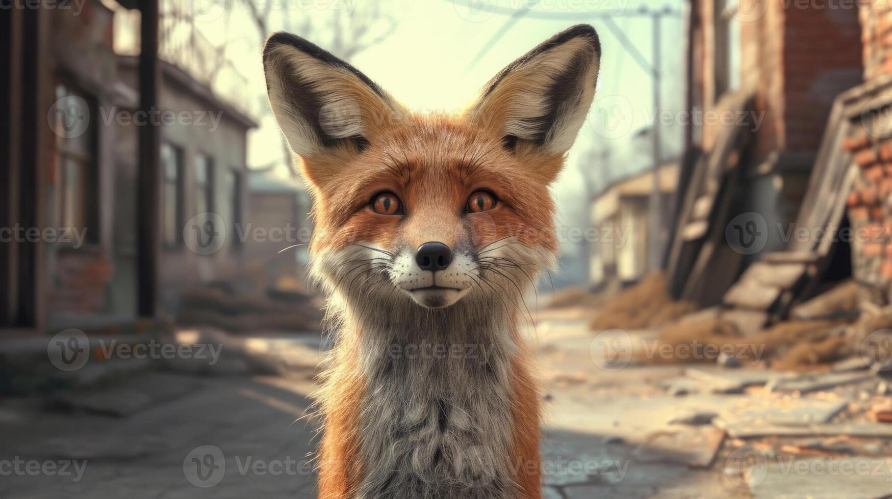 Closeup of a curious fox exploring the empty streets of a ghost town its sharp ears perked up for any signs of life in the stillness photo