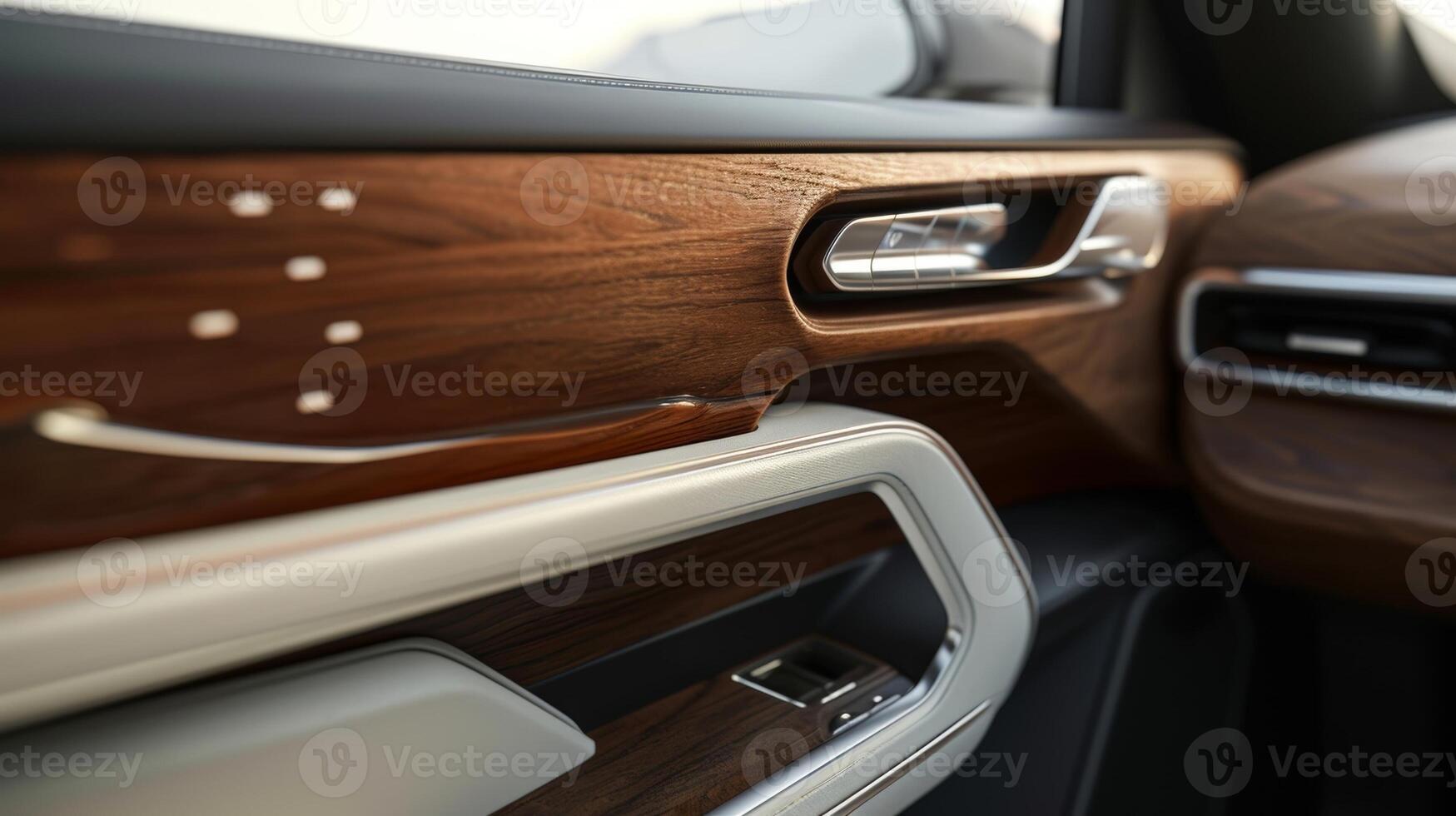 A detailed shot of the wood trim on the door handles showcasing the attention to detail in every aspect of the interior photo