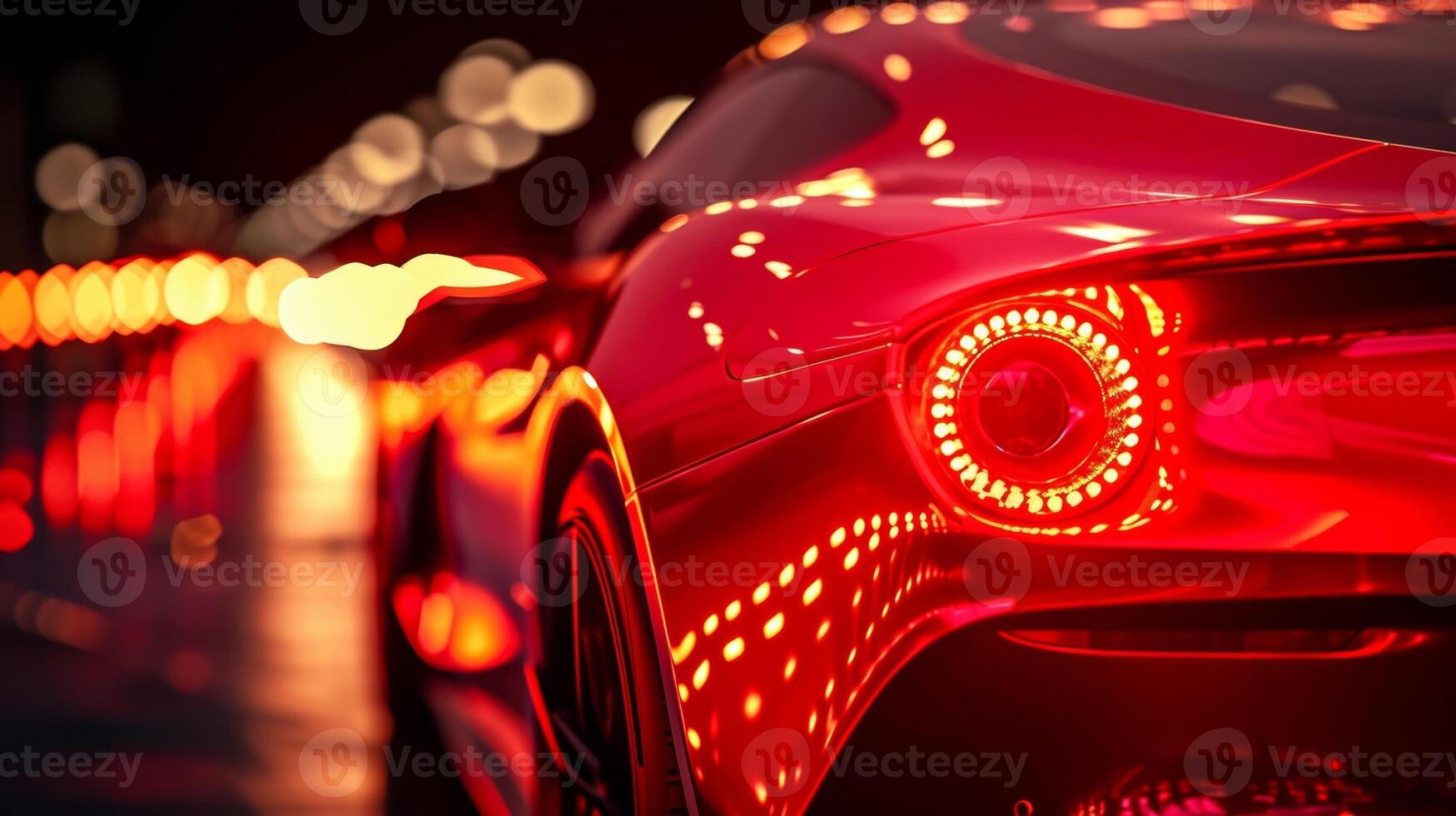 A mesmerizing closeup of a red sports cars brake lights pulsing in a rhythmic pattern against the black backdrop of the night photo