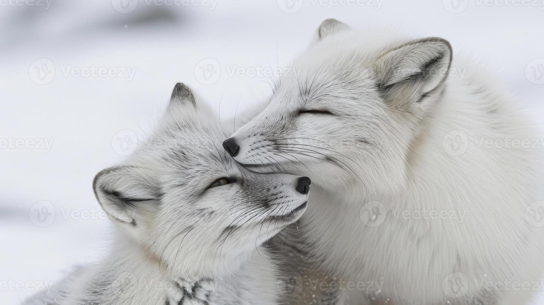 Closeup of a young Arctic fox kit nuzzling against its mothers fur its content expression revealing the strong bond between parent and child in the harsh Arctic environment photo