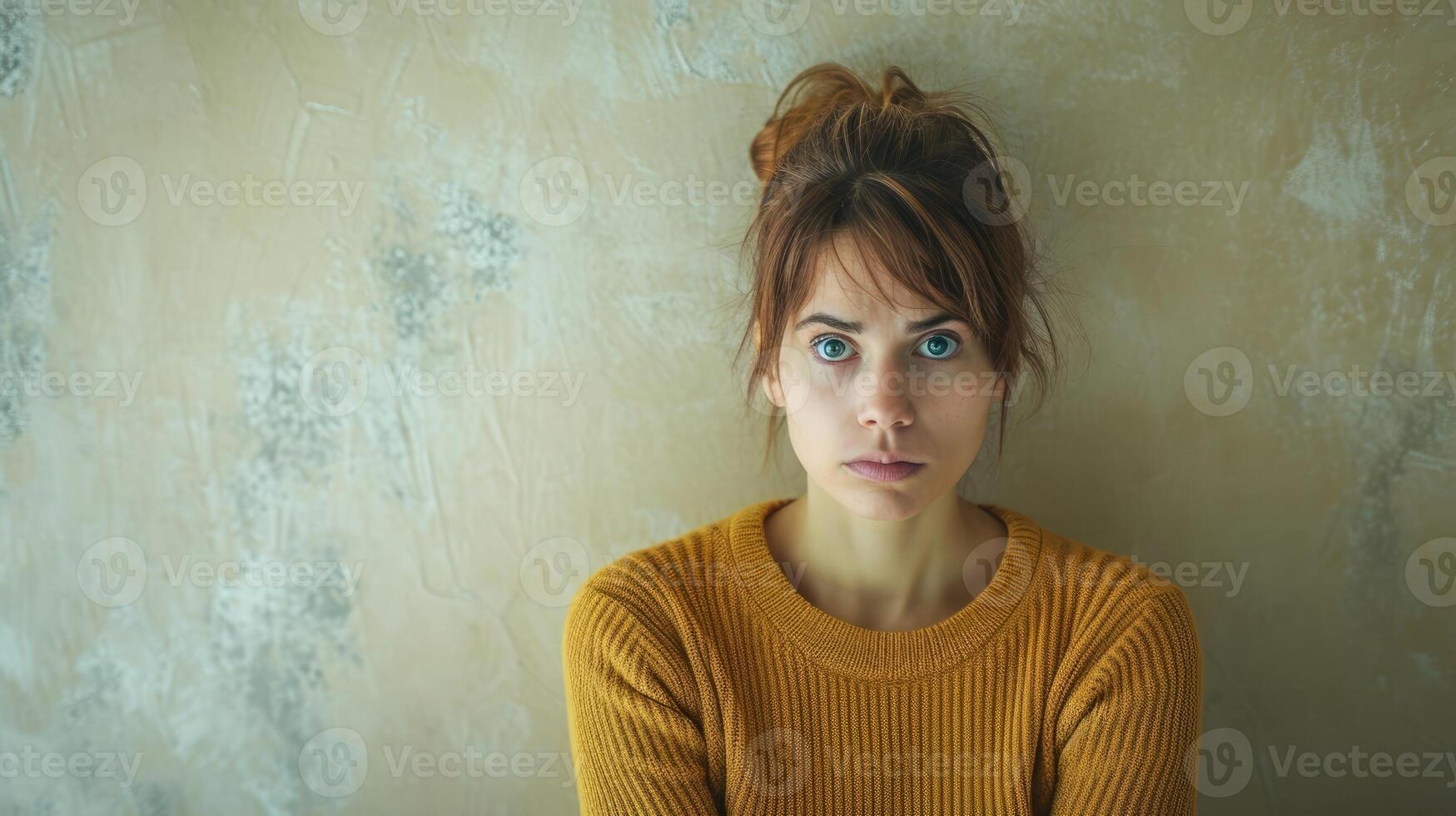 A woman with a tense posture and strained smile portraying a schizoid personality disorder photo