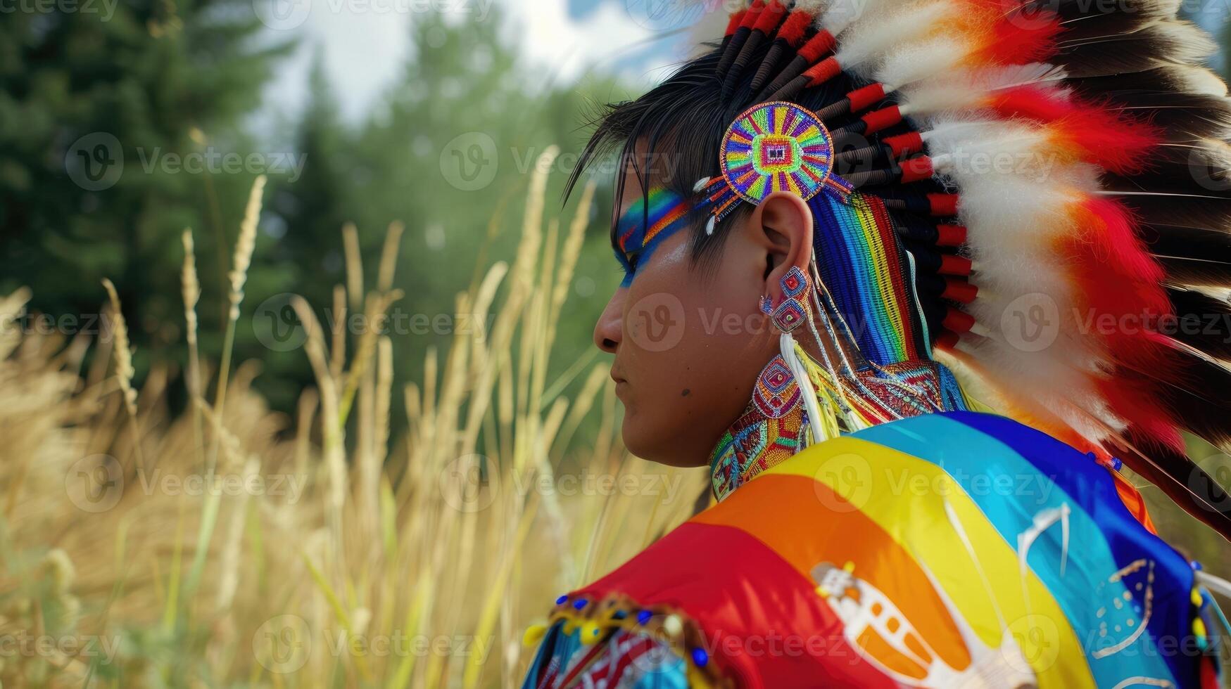 A person of Native American descent adorned in traditional regalia with a pride flag incorporated into their outfit photo