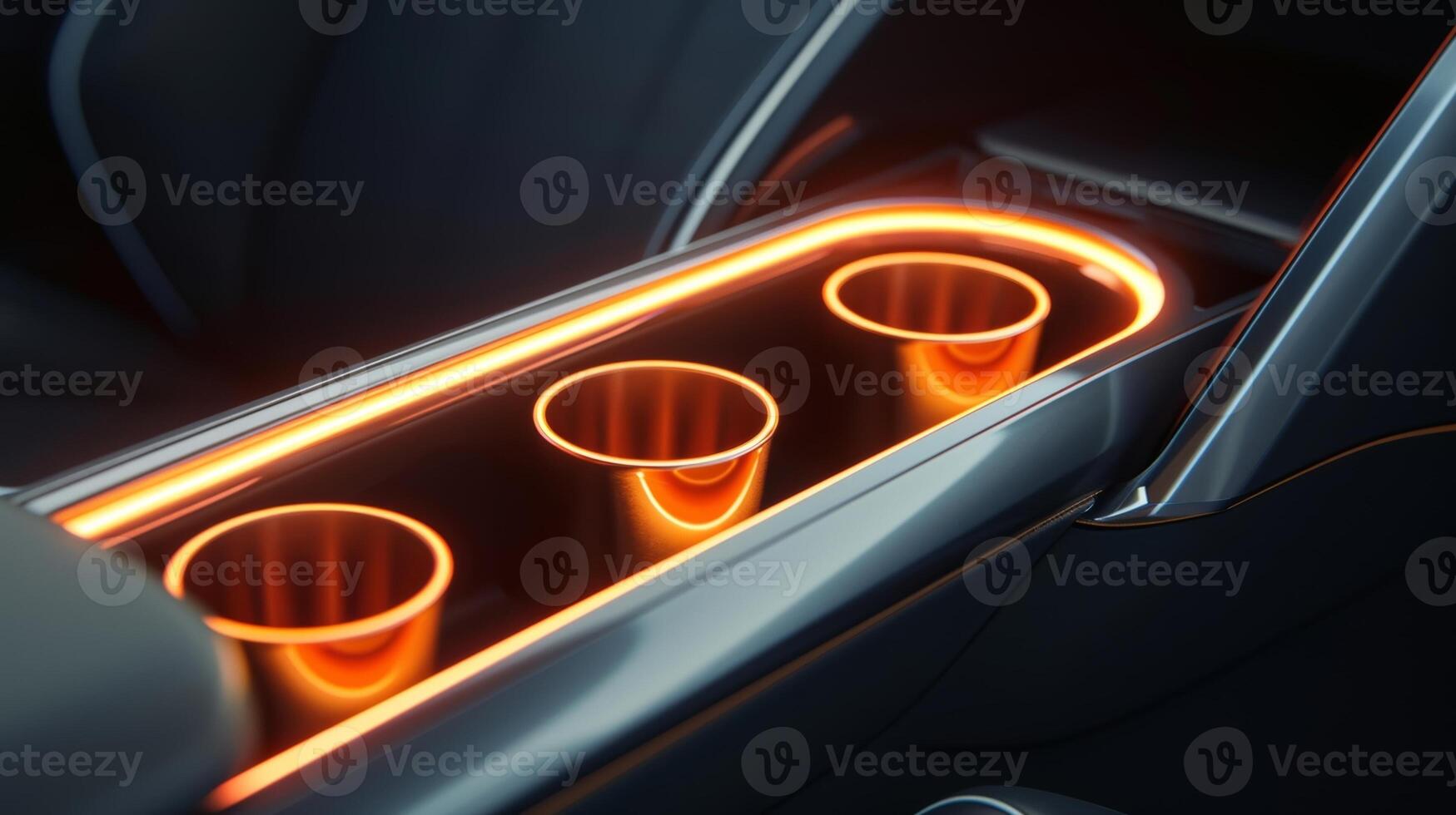 A closeup of the cup holders showcases a soft orange neon light adding a warm and inviting glow to the overall mood of the car photo