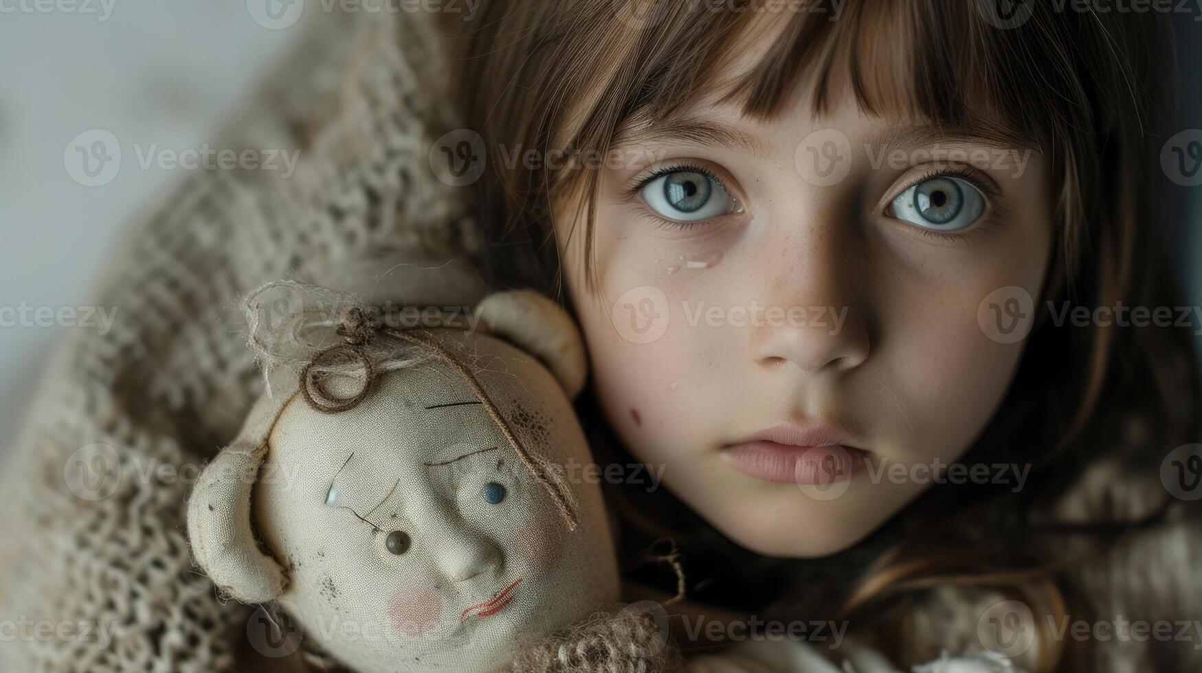 A young girl with a broken doll and a tearstained face symbolizing the loss of innocence photo
