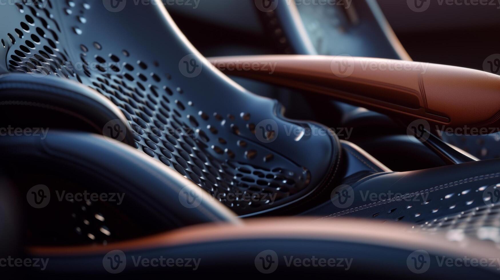 A closeup shot reveals the multilayered stitching on the seat with multiple rows of intricate detail giving a sense of depth and texture to the smooth leather material photo
