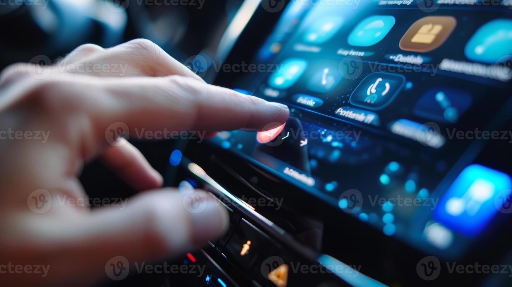 Closeup of a finger scrolling through the cars app store on the touchscreen. The fluid motion and responsive touch make it easy to browse and download various apps for entertainmen photo