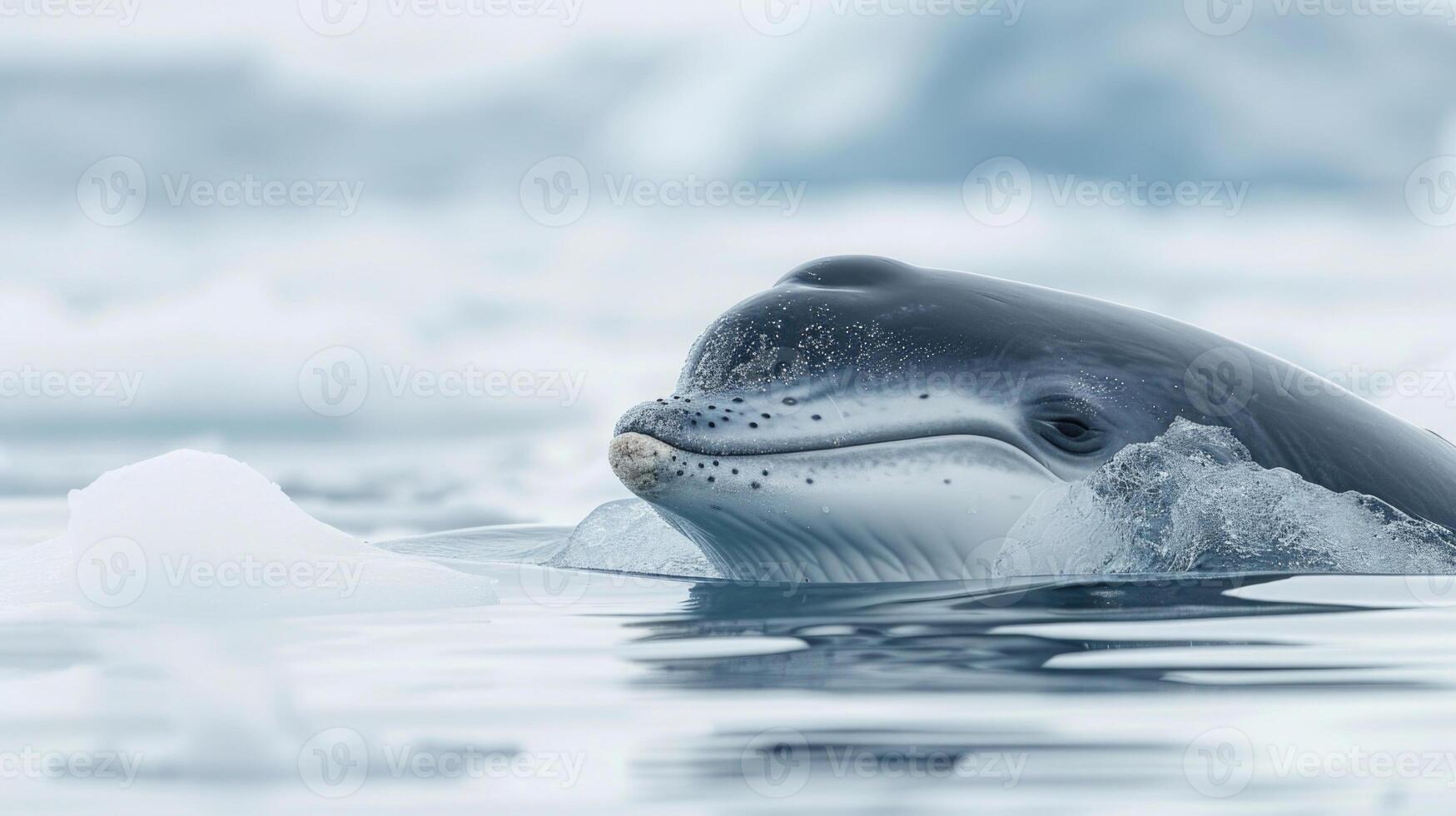 Closeup of a curious Minke whale peering its head above the icy surface with its intricate white and light gray markings on full display photo
