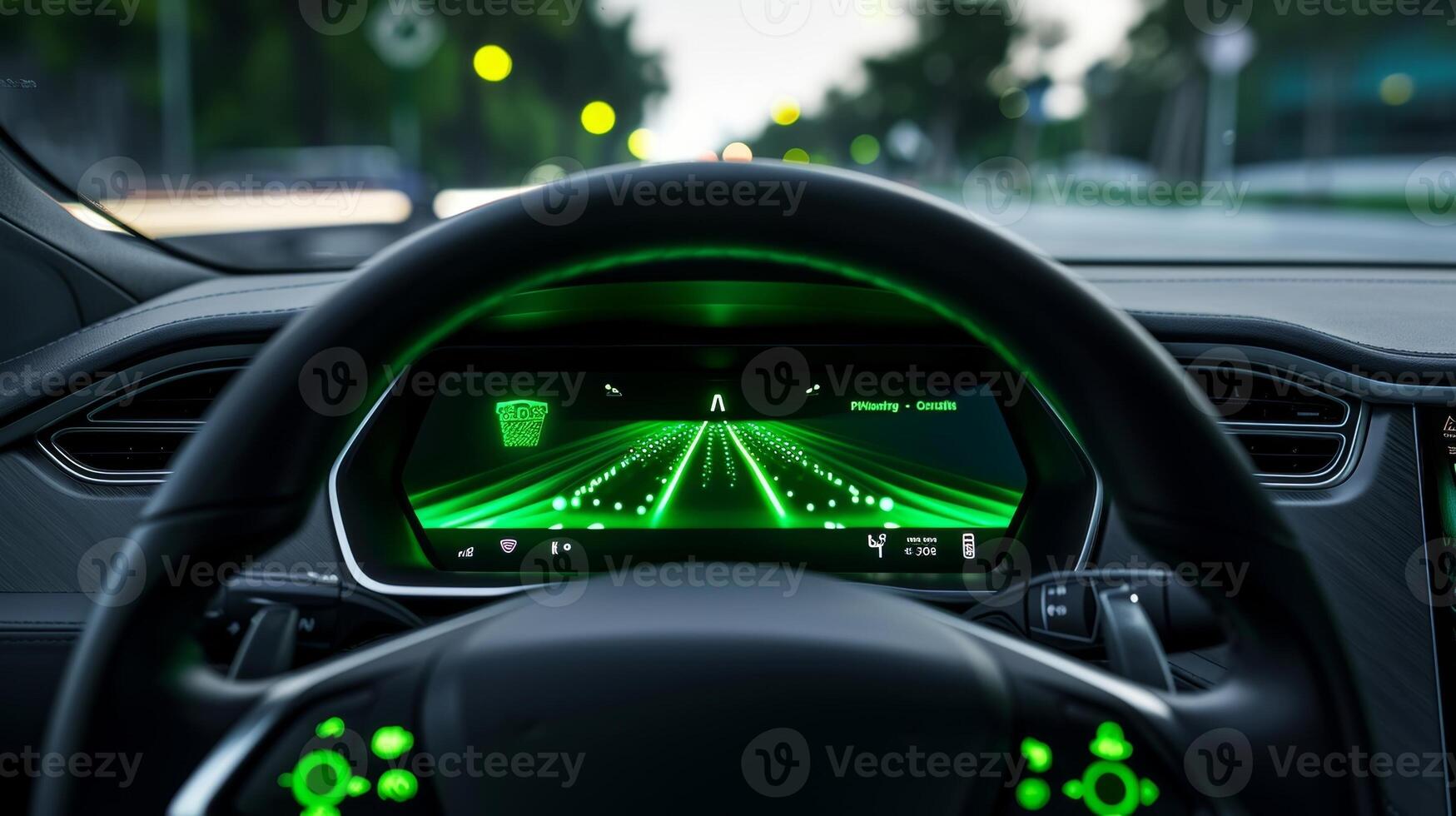 The camera zooms in on the steering wheel of a car showing the Adaptive Cruise Control on illuminated with a green light indicating that the safety system is active photo
