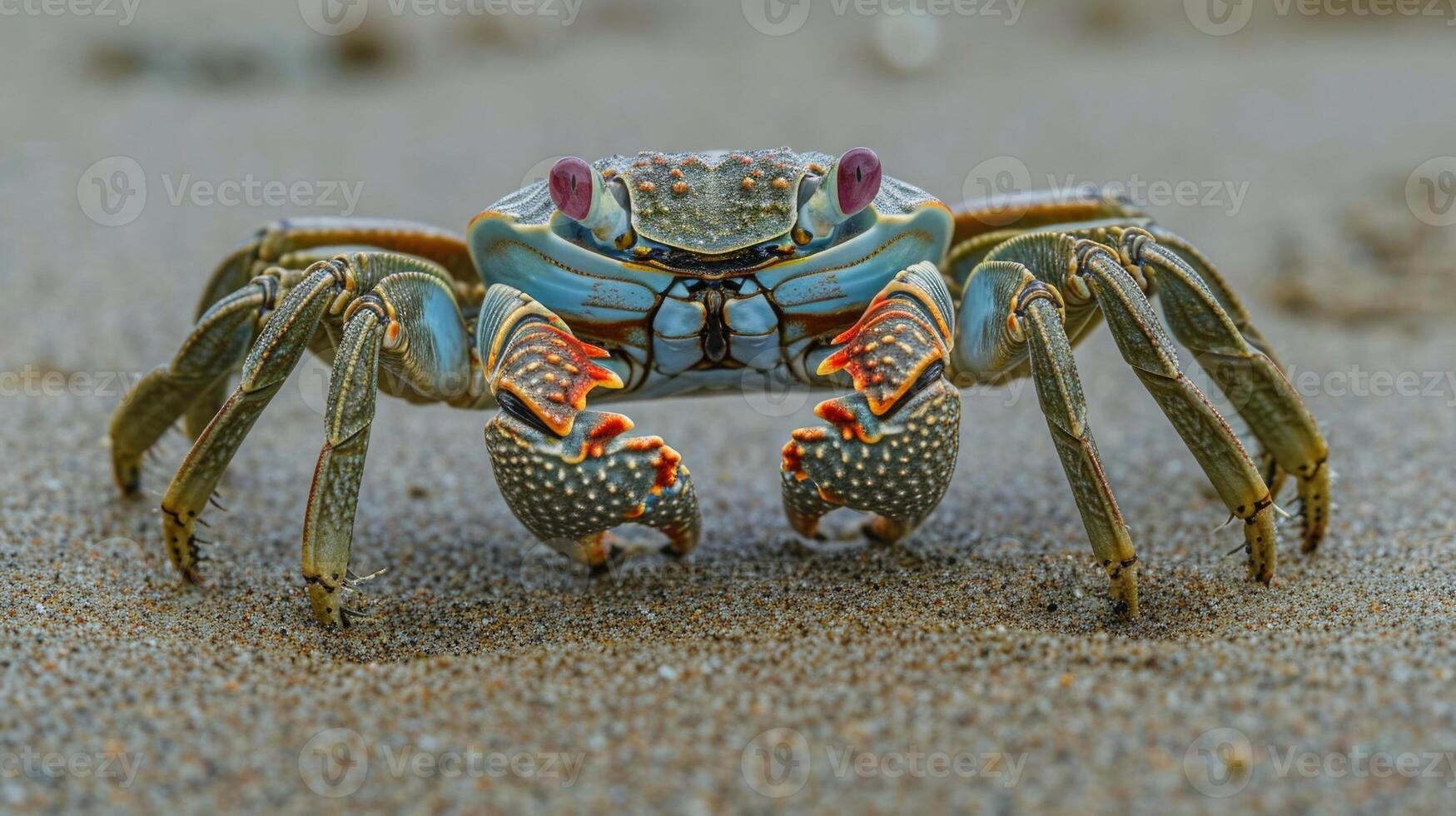 Closeup of a small crabs armored body adorned with patterns of muted green and red stling across the smooth sand photo