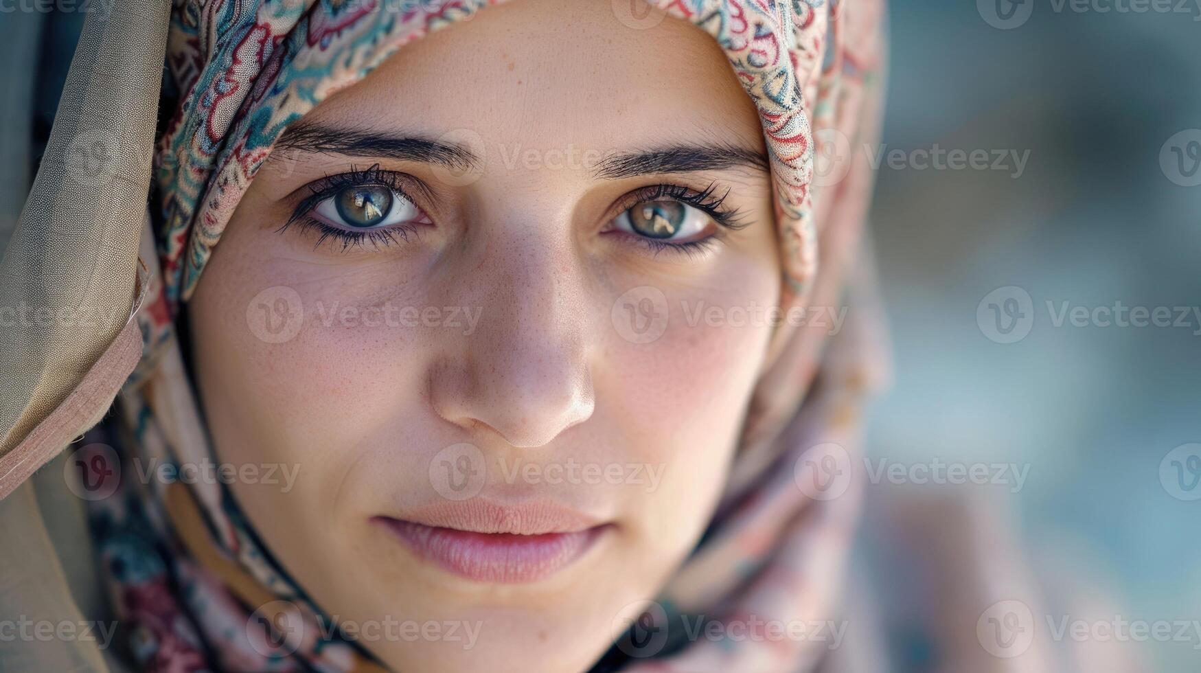 A woman in a headscarf her eyes shining with determination and courage as she seeks asylum and pursues her dreams in a new country photo