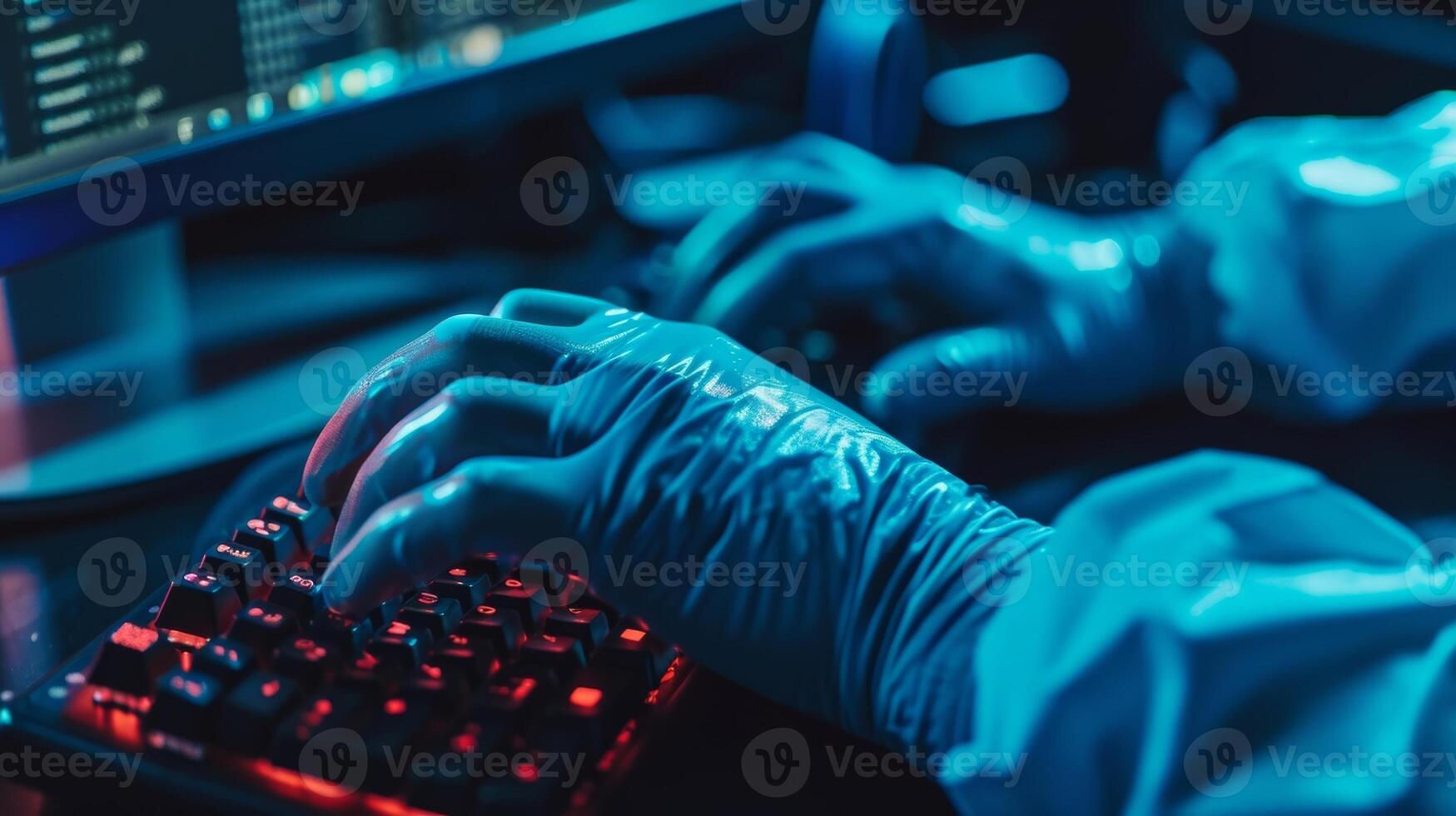 A pair of gloved hands type quickly and silently on a black keyboard highlighting the importance of remaining undetected photo