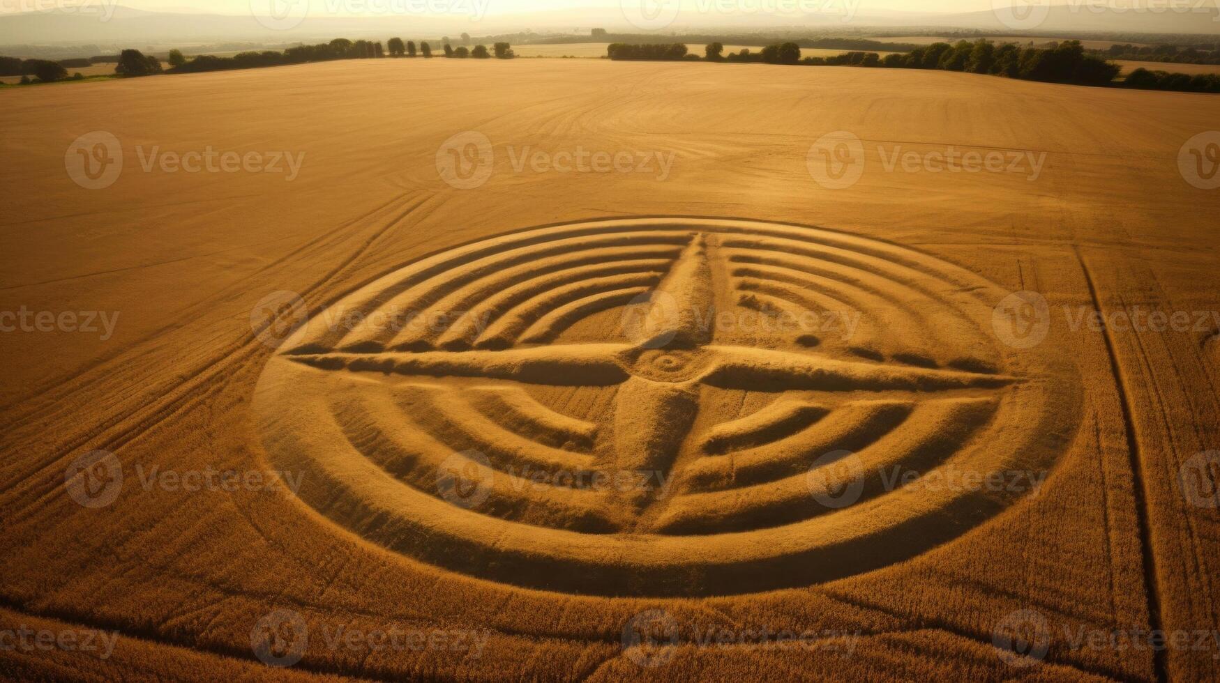 An aerial view of a crop circle, illustrating the precise and symmetrical shapes within the design. photo