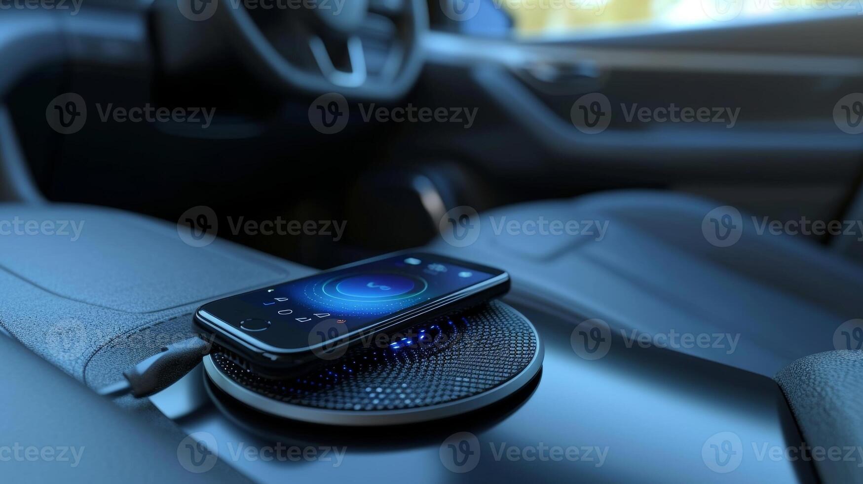 Upclose view of a cars wireless charging pad keeping devices powered up and ready to use while onthego photo