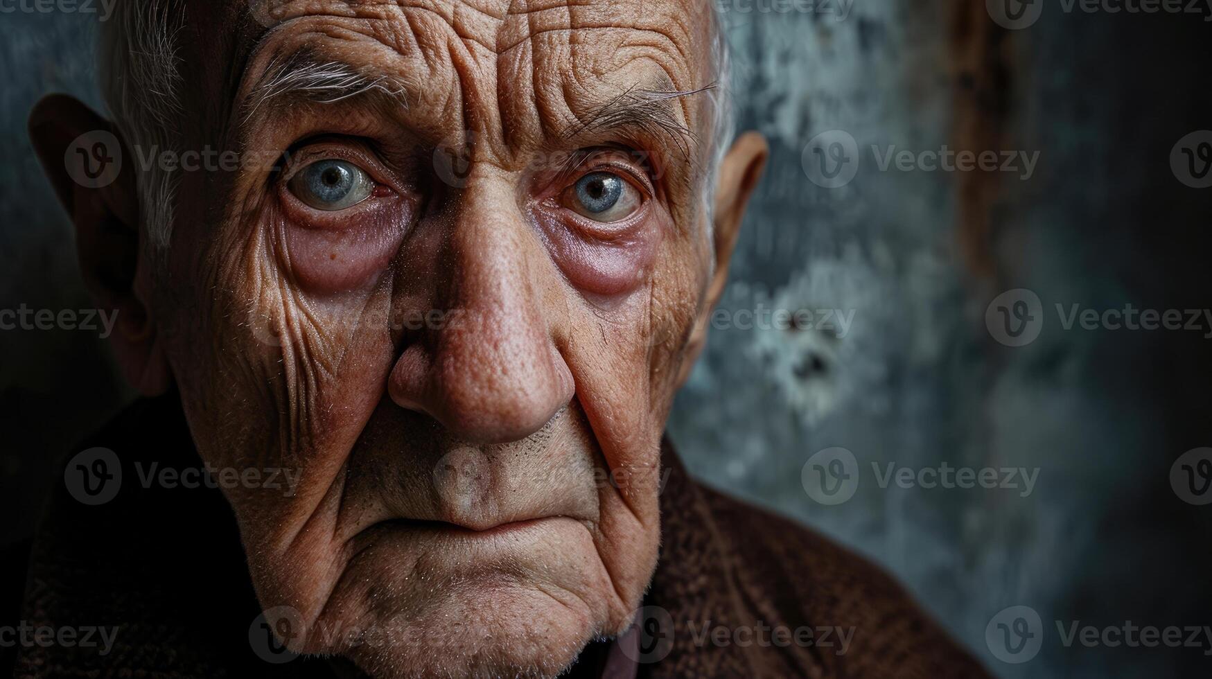 An elderly man with tears in his eyes his face contorted in anguish as he remembers the traumatic events from his past photo