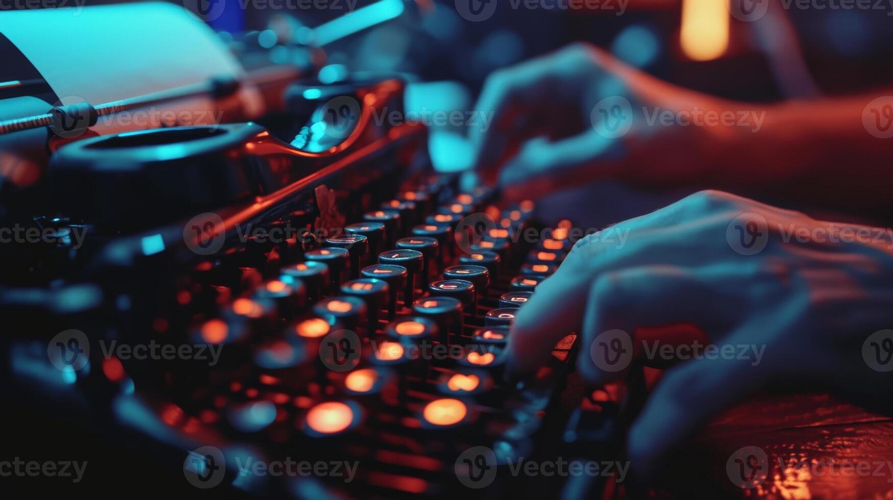 Closeup of a persons hand writing a message on a neonlit vintage typewriter the keys clicking and the neon glow adding to the nostalgic feel photo