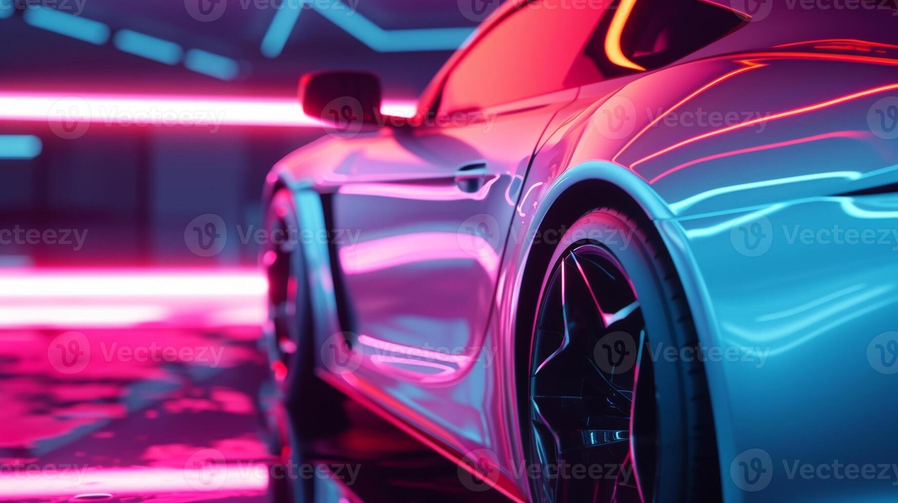 A detailed shot of the side mirror accent on a silver car with a sleek and futuristic neon light that contrasts perfectly with the color of the vehicle photo