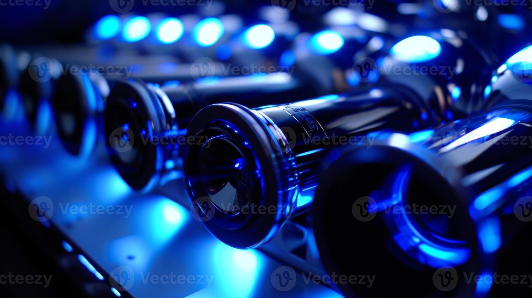 A closeup of the amplifiers s being adjusted creating a stunning contrast of blue lights against the dark stage photo