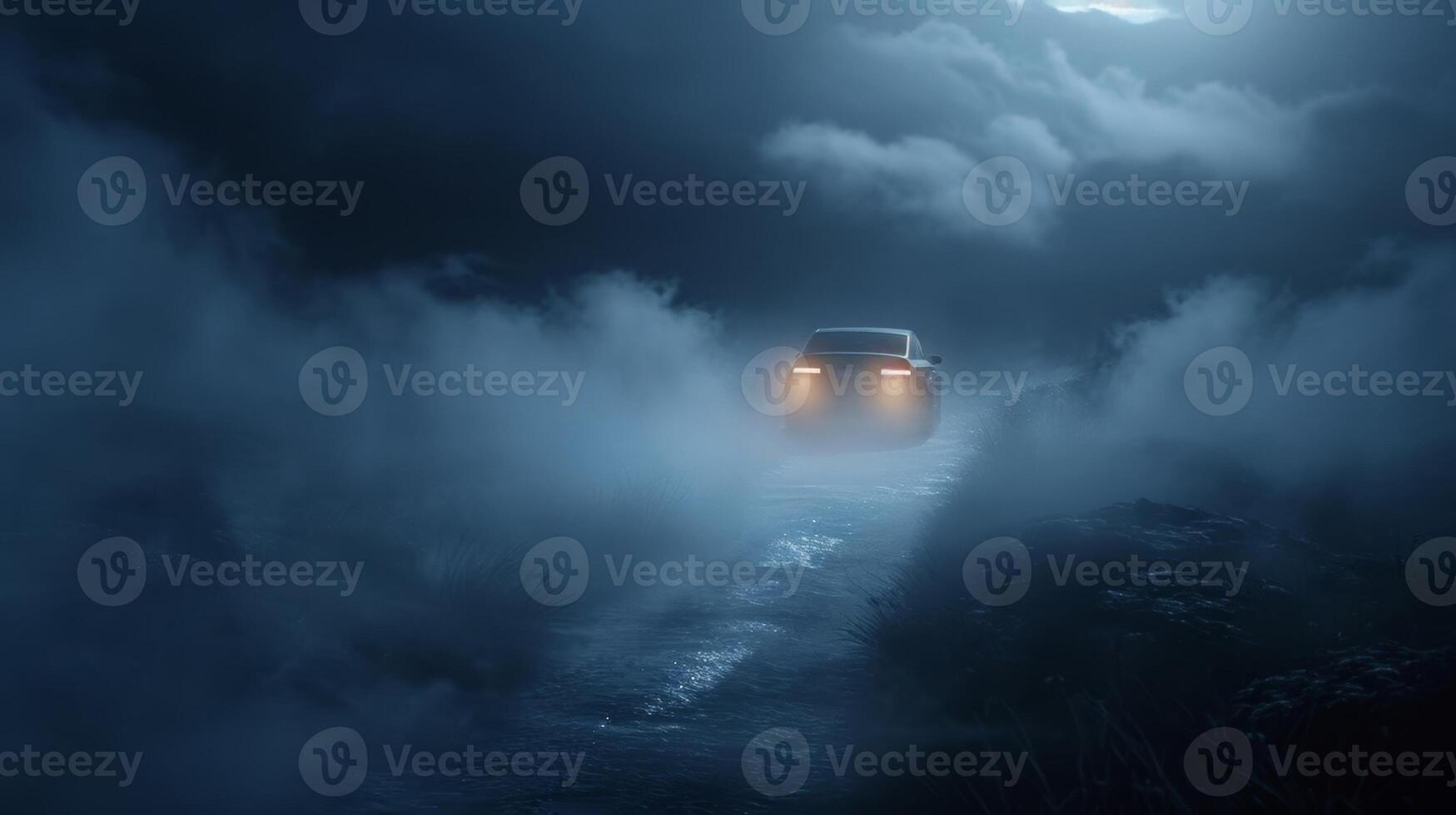The cars headlights ting through the thick fog creating a hauntingly beautiful effect as it navigates through the storm photo