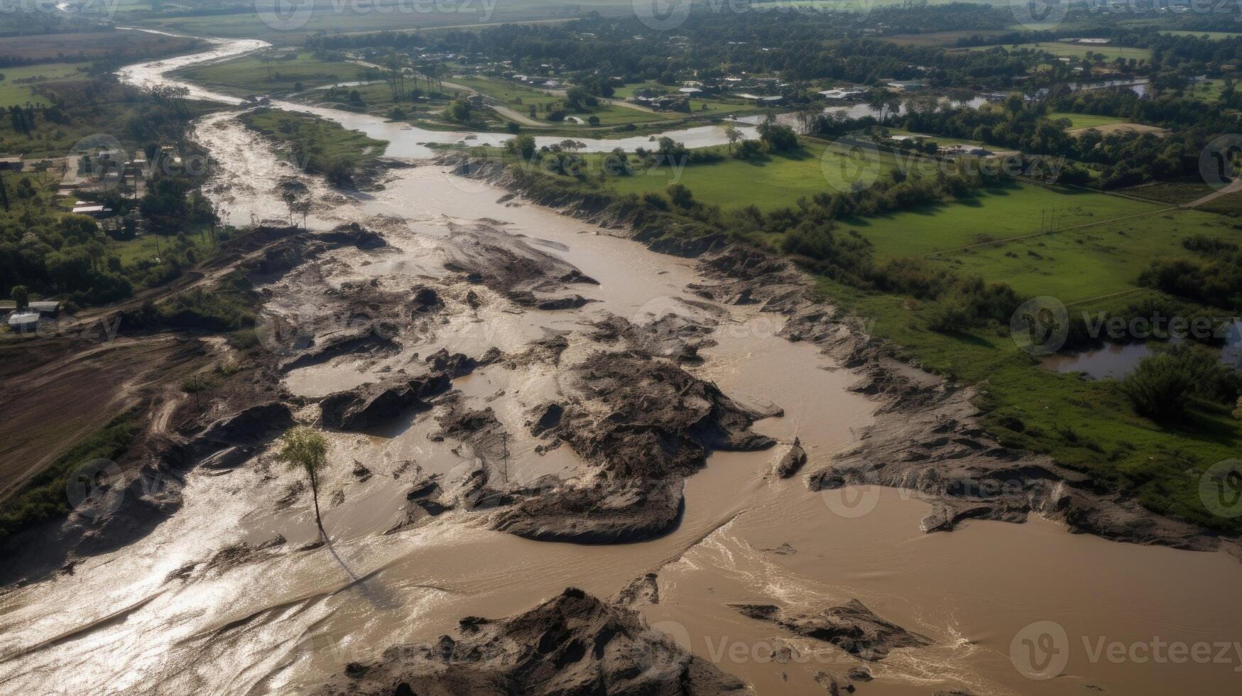 From the vantage point of the sky, see the widespread destruction caused by a river bursting its banks. photo
