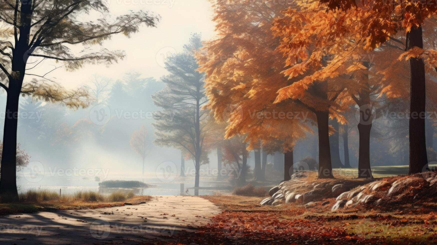 With the fog as a backdrop, the autumn leaves take on a sense of depth and texture, drawing the viewer into the scene. photo