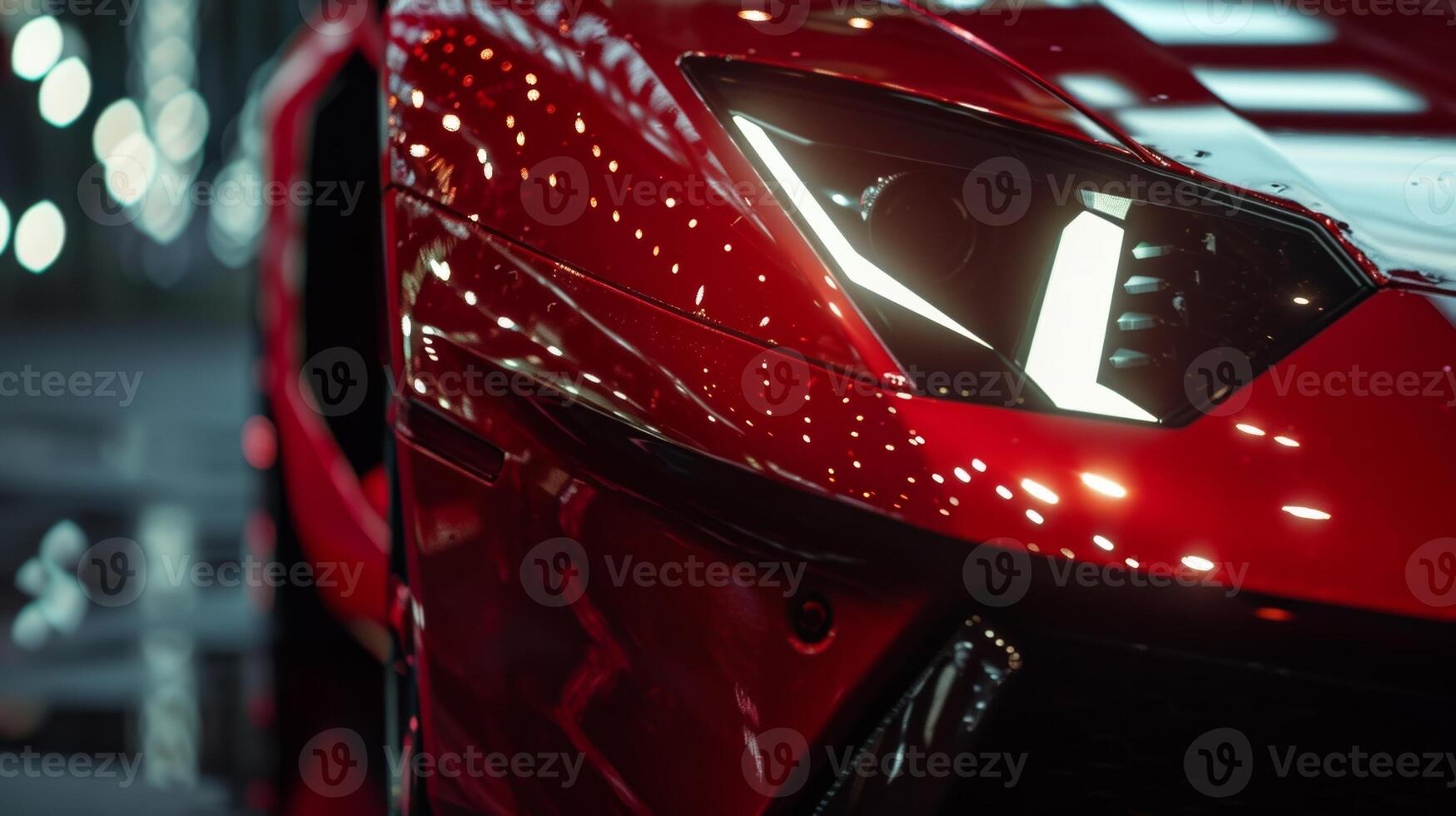 A slowmotion closeup of a sports cars aerodynamic headlights featuring a unique jagged shape that adds to the cars fierce and intense look photo