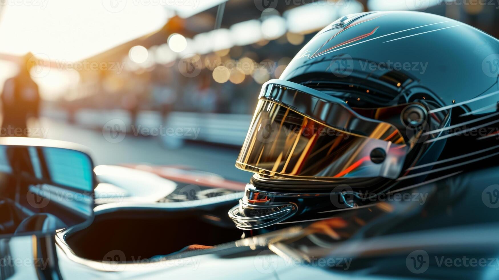 Closeup shots of the drivers helmet showcasing the intense concentration and focus as they navigate the decisive laps photo