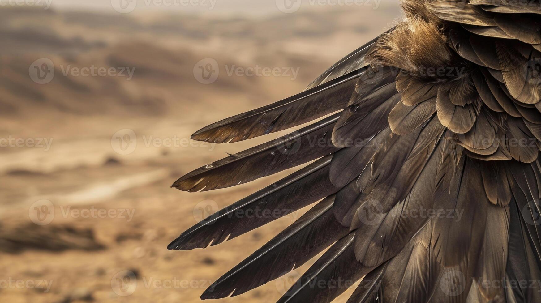 Closeup of a vultures feathers ruffled by the wind as it circles gracefully over the barren landscape photo
