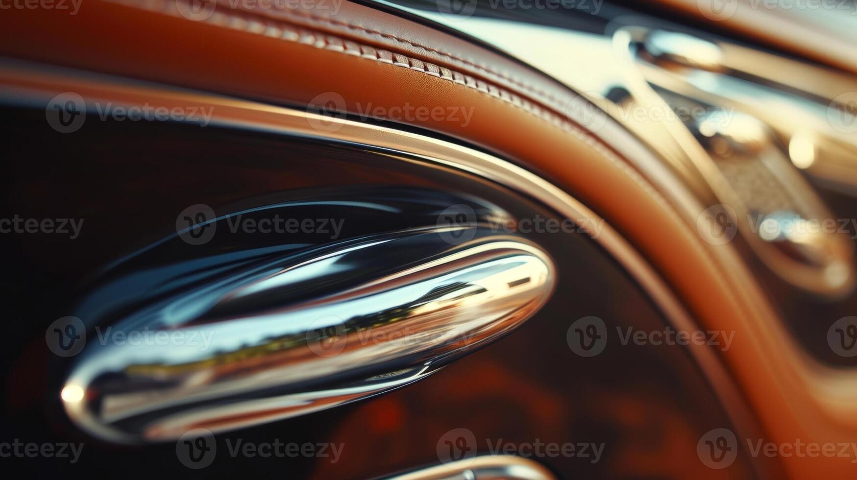 A closeup footage of a luxury cars door handle featuring a seamless blend of polished metal and leather for a luxurious feel photo