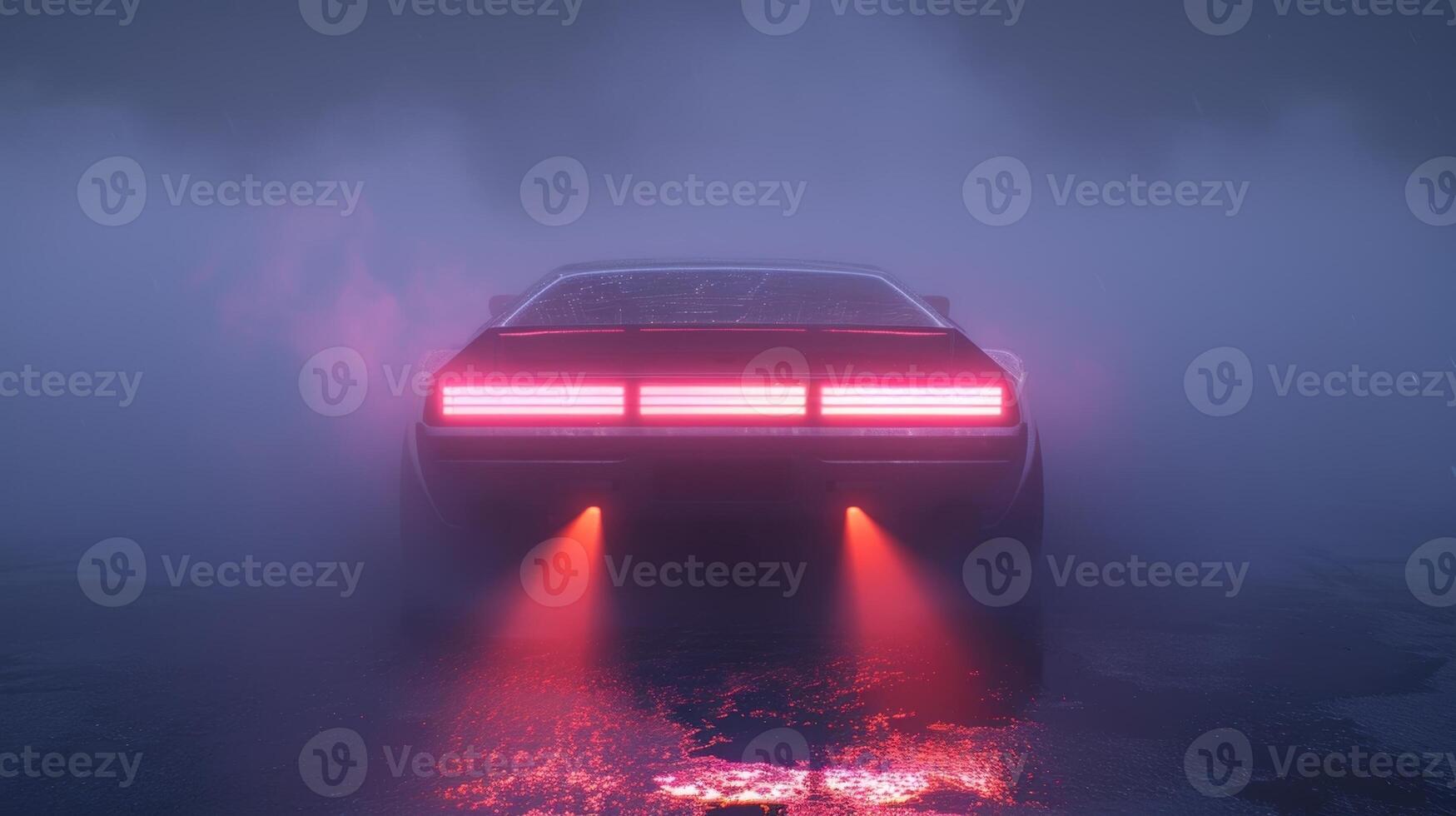 Through the hazy smoke a clic car emerges its distinctive shape and bright neonlit headlights drawing the viewer in photo
