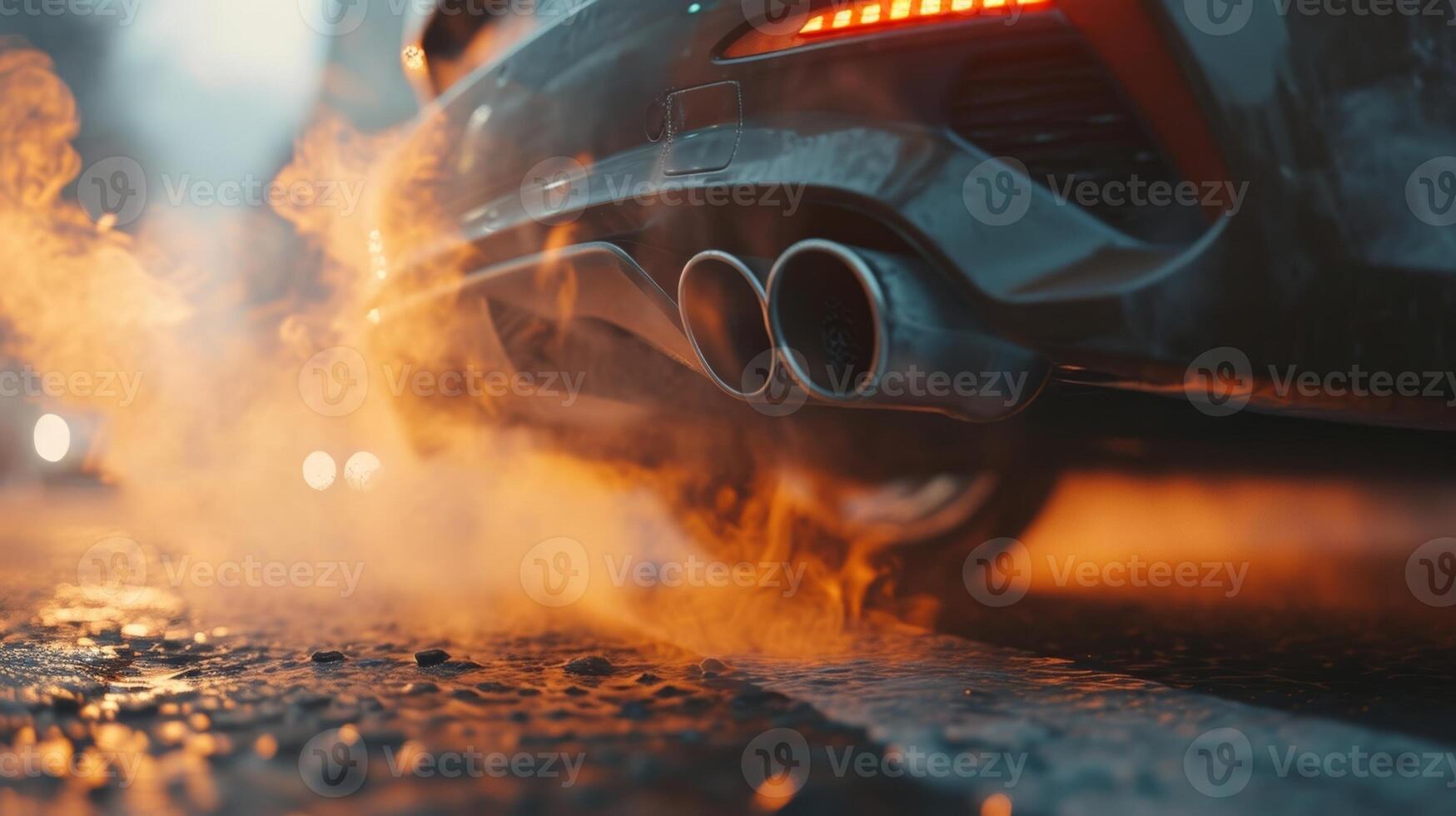 A shot of the cars exhaust pipe as it emits a steady stream of smoke a symbol of the journeys impact on the environment and the toll it takes on the vehicle photo