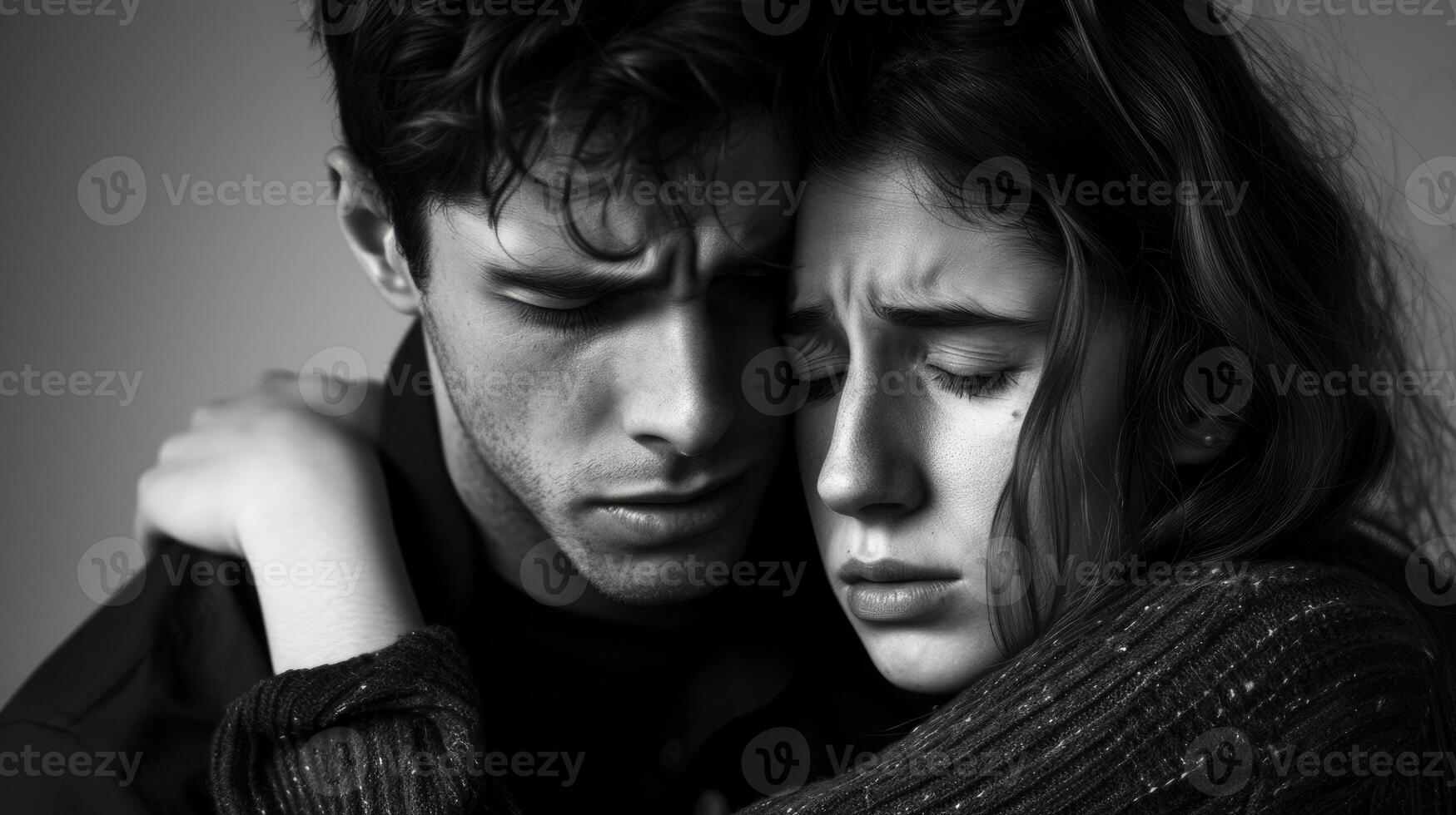 A couple embracing their faces showing sadness and struggle photo