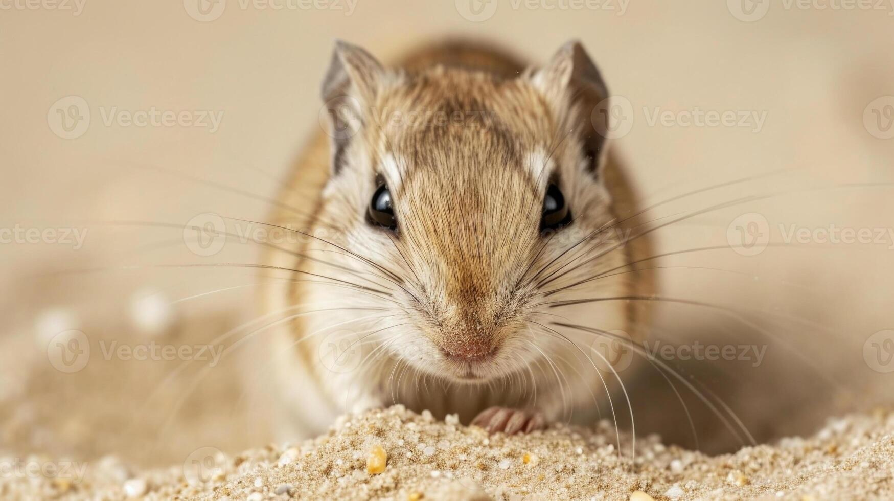 Closeup of a gerbil with its head buried in the sand its whiskers twitching as it rubs its face against the grains to clean and soothe its skin after the harsh weather photo