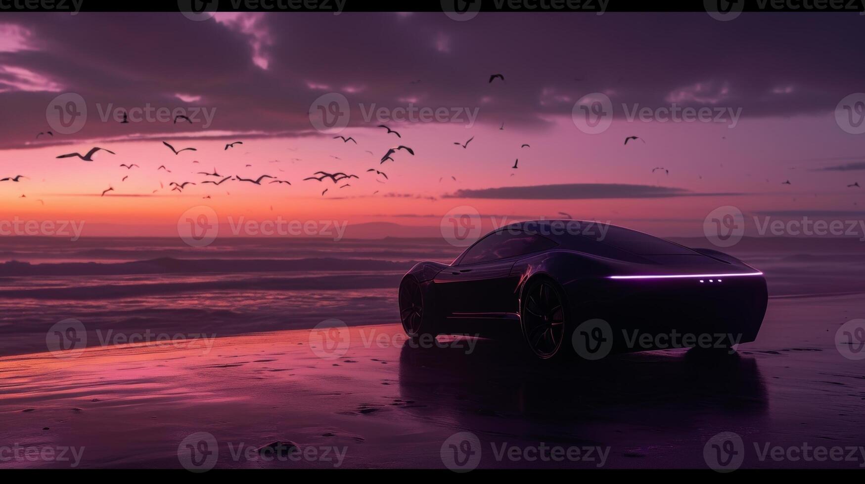 The soft beams of headlights highlight the silhouettes of seagulls flying overhead a common sight on any coastal journey photo