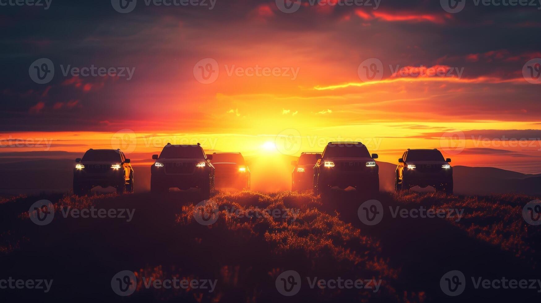 The glowing sunset behind a group of vehicles on a hilltop with their headlights casting long shadows on the ground photo
