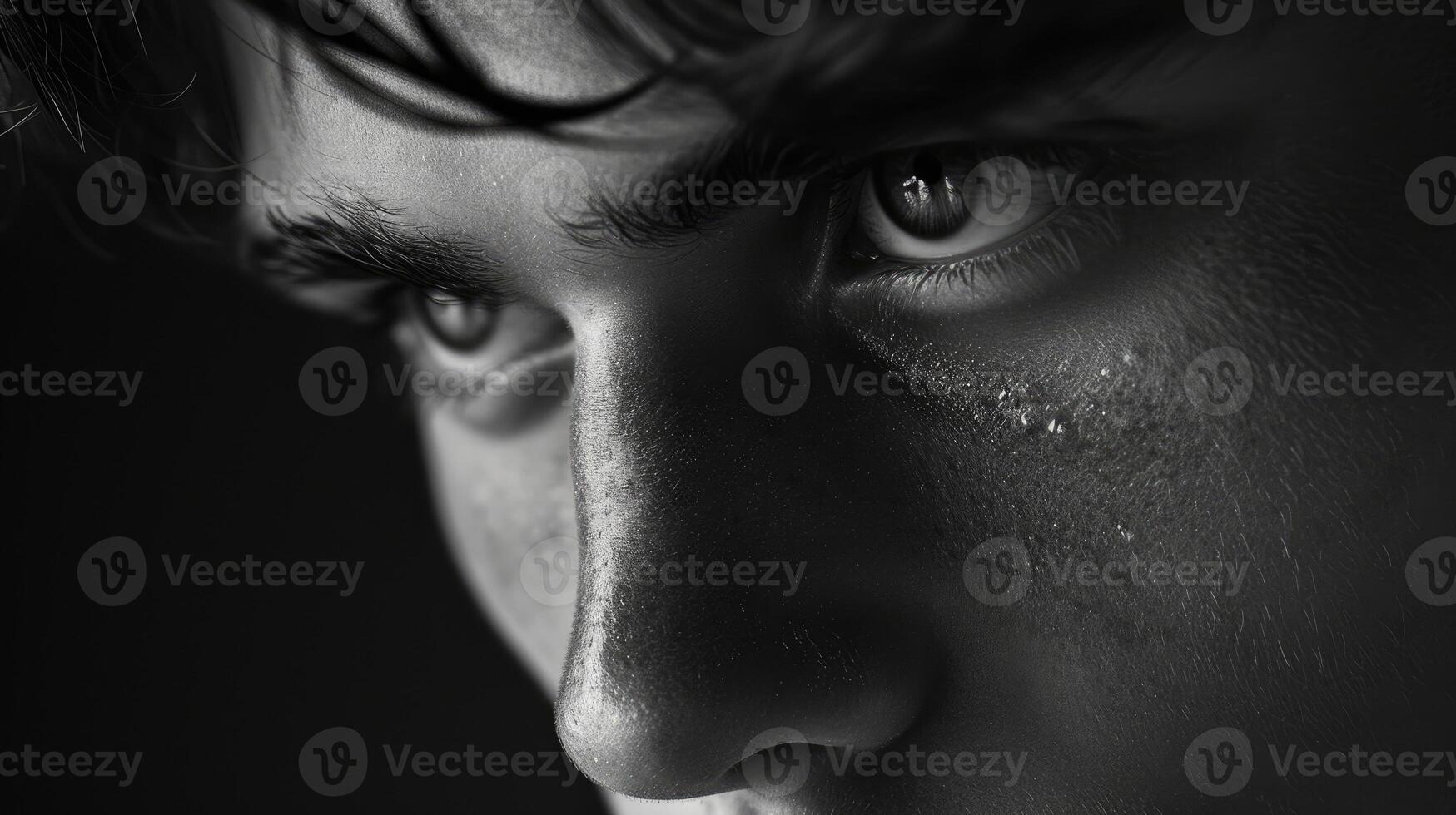 Closeup of a young mans face the curve of his jawline and the intensity in his eyes hinting at the struggles he has faced in finding his true identity photo