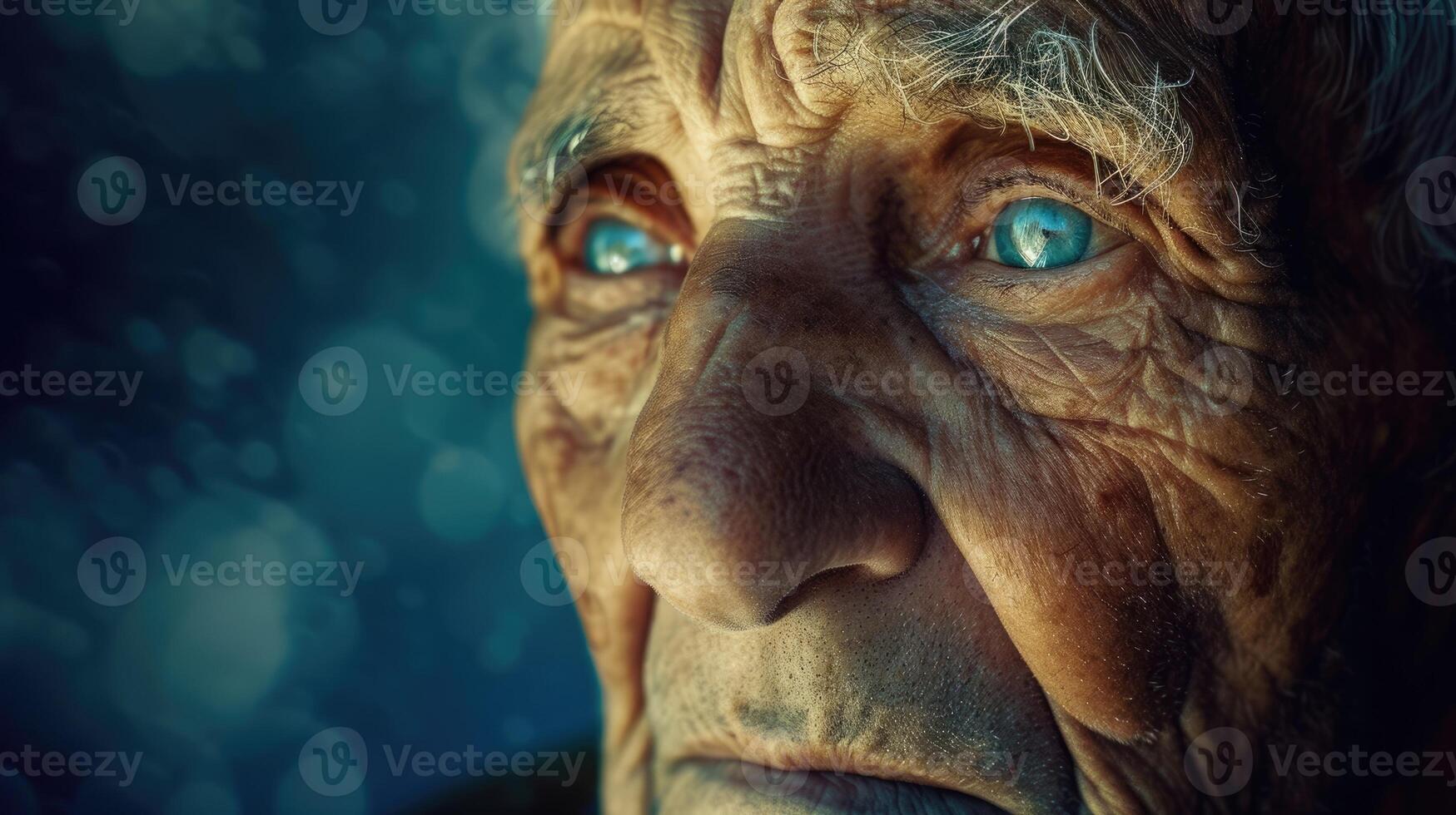 An elderly man his eyes filled with nostalgia as he reflects on the dreams he had in his youth and how they have changed over the years photo