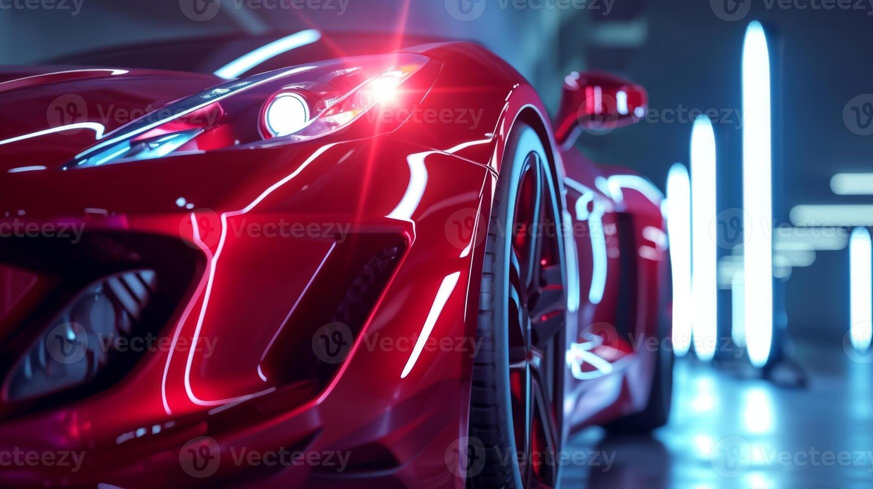 A red sports car with advanced headlight tracking technology adjusting its beams as the car turns photo