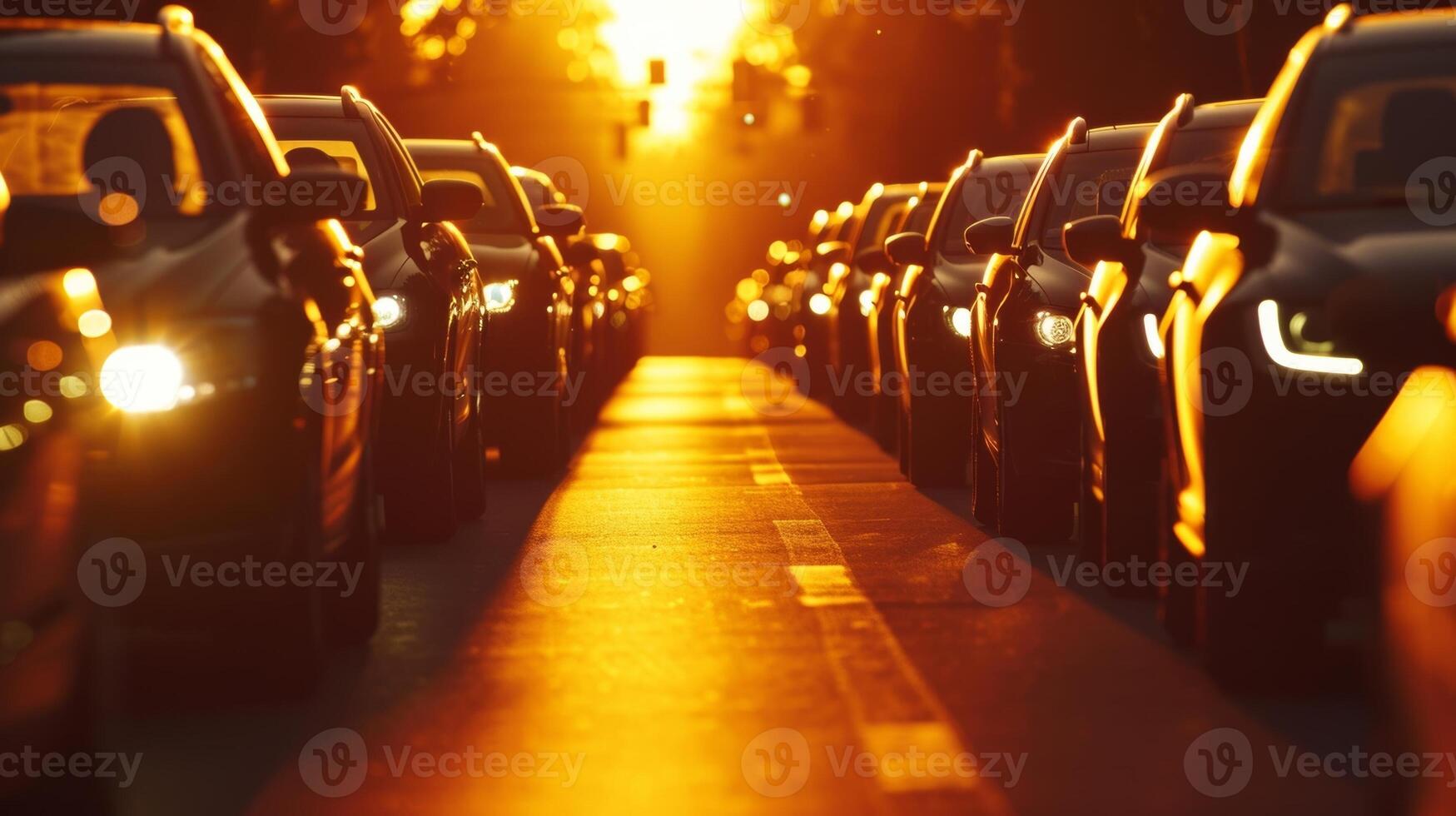 An abstract shot of multiple car headlights converging in one direction their silhouettes creating an artistic pattern against the setting suns warm glow photo