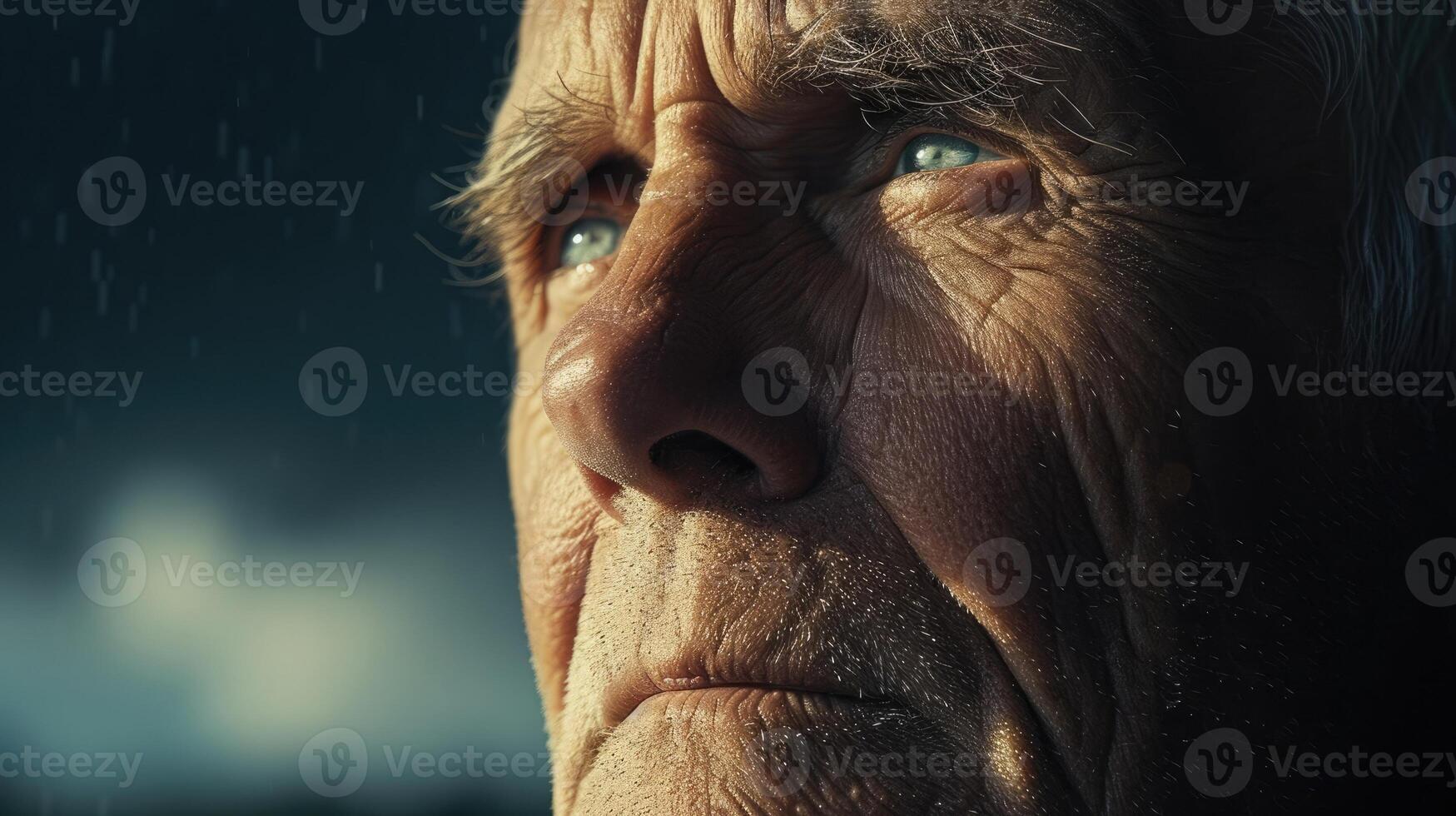 An older man with a distant look in his eyes staring off into the horizon as he ponders the meaning of his existence photo